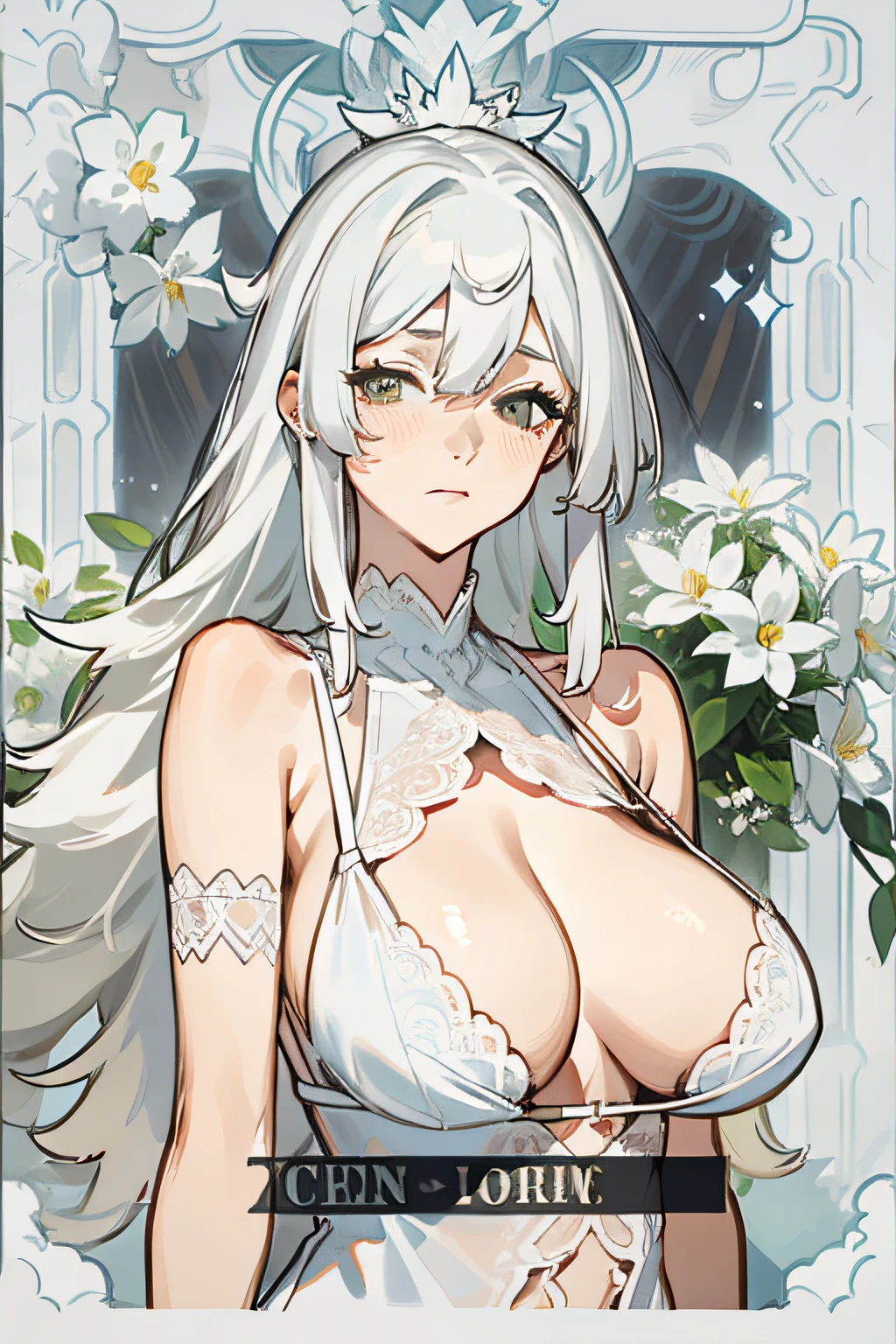 Gentle and mature wife,huge tit,long whitr hair,long layered silvery white hair,Human wife face,Wearing a white lace lace bra