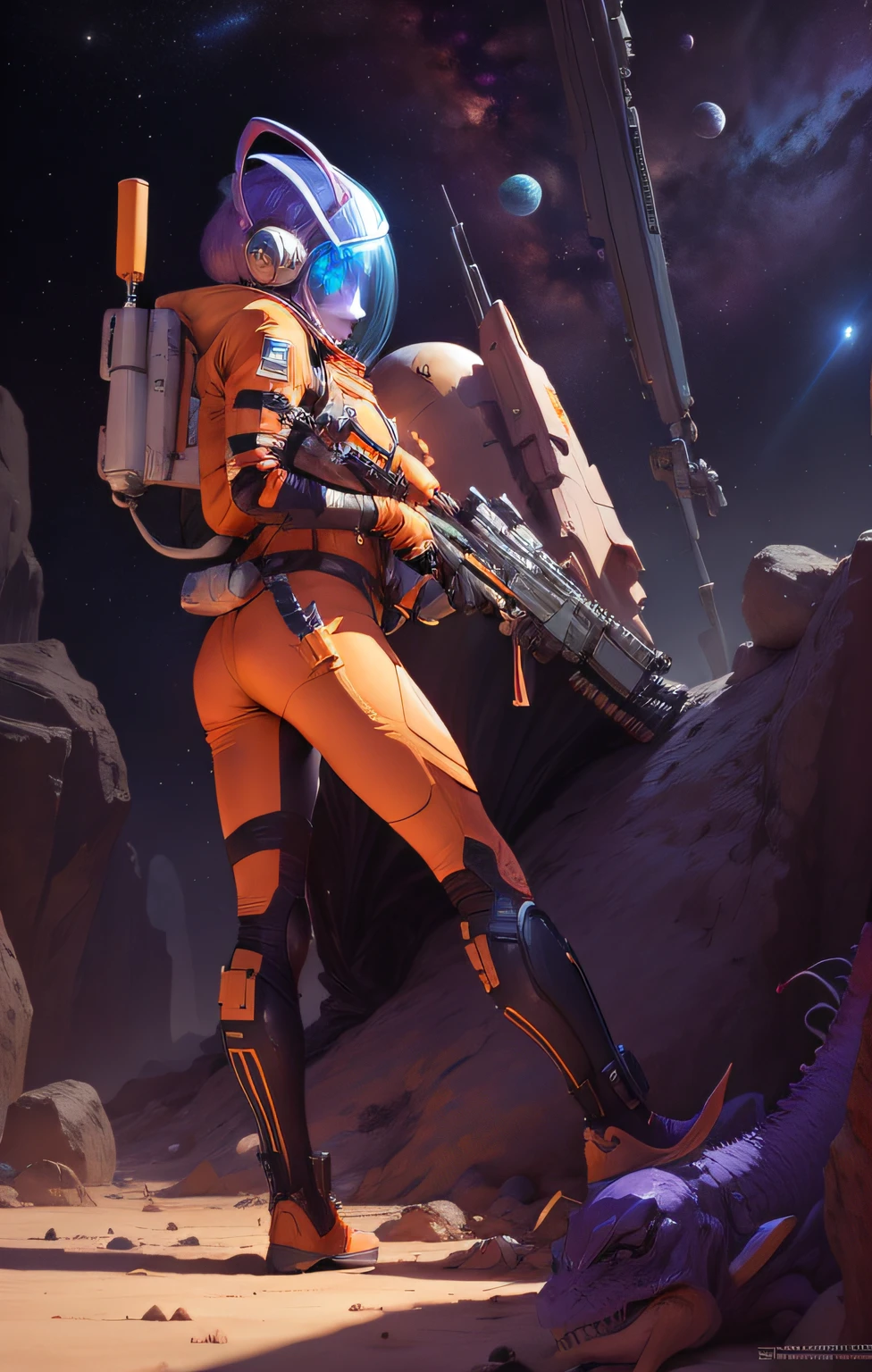 space girl in orange space suit, reloading rifle after killing a space dragon, violet dragon lay dead at her feet, on a near lifeless alien desert planet.