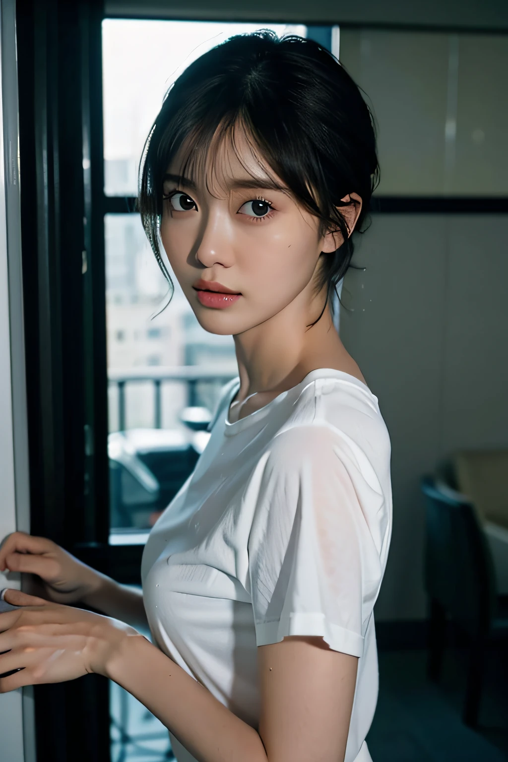 One beautiful woman, front, waist up angle, detailed eyes, big eyes, black eyes, fair skin, slender, black hair, short hair, wet hair, wet skin, background is hotel room with night view, rain outside window, water drops on window, swollen eyes, sad expression, sexy, dressed in plain white t-shirt, night, straight hair, bangs,