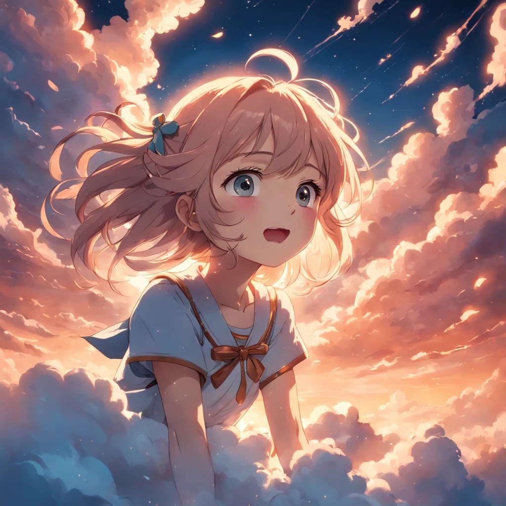 masterpiece, best quality, movie still, 1girl, cloud girl, floating in the sky, close-up, bright, happy, warm soft lighting, sunset, (sparks:0.7)