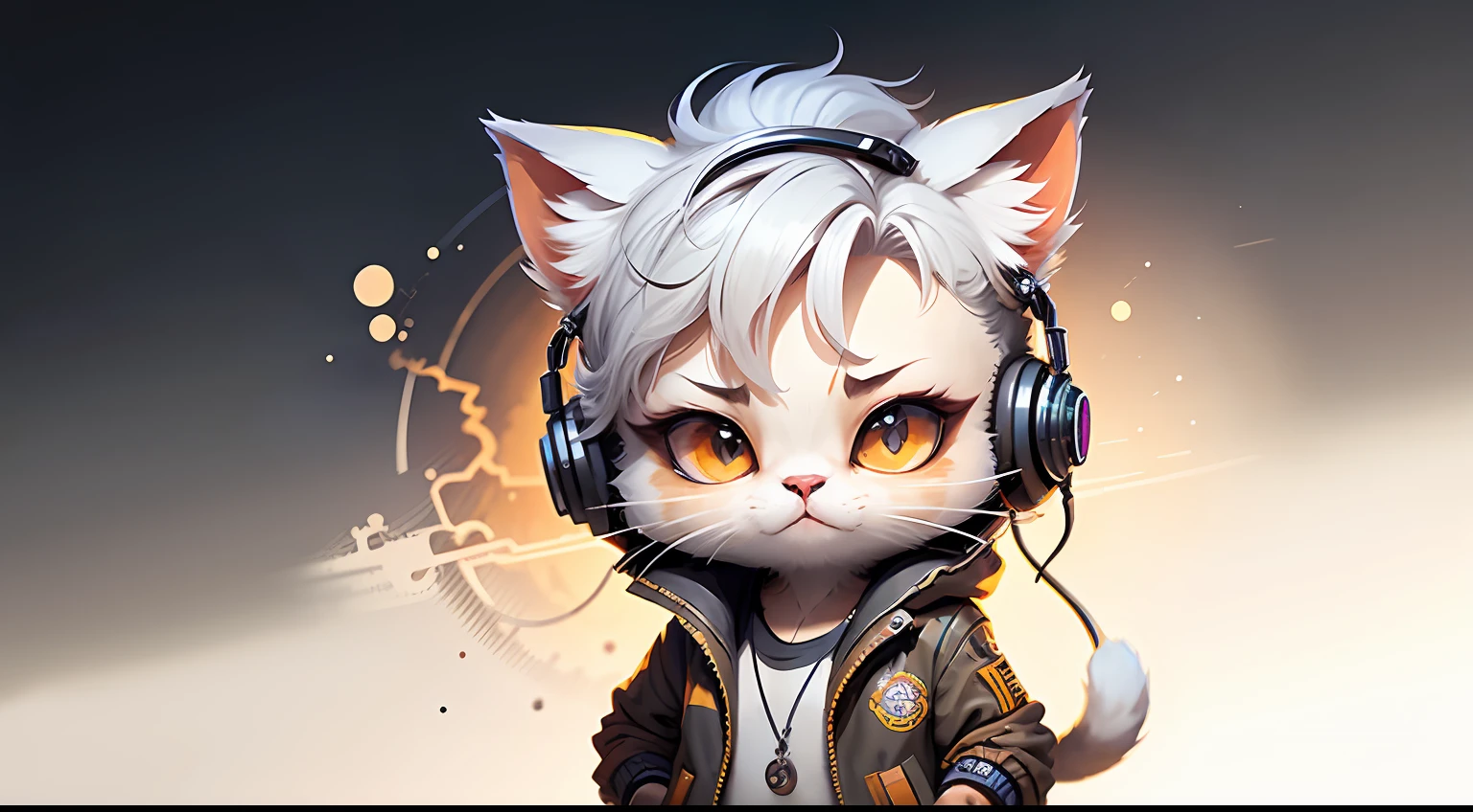 Perfect centering, A cute kitten all over, Wear a student jacket, Wearing sunglasses, Wearing headphones, Standing position, Abstract beauty, Centered, Looking at the camera, Facing the camera, nearing perfection, Dynamic, Moonlight, Highly detailed, Digital painting, art  stations, concept-art, smooth, Sharp focus, 8K, high definition resolution, illustration, Art by Carne Griffiths and Wadim Kashin, White background