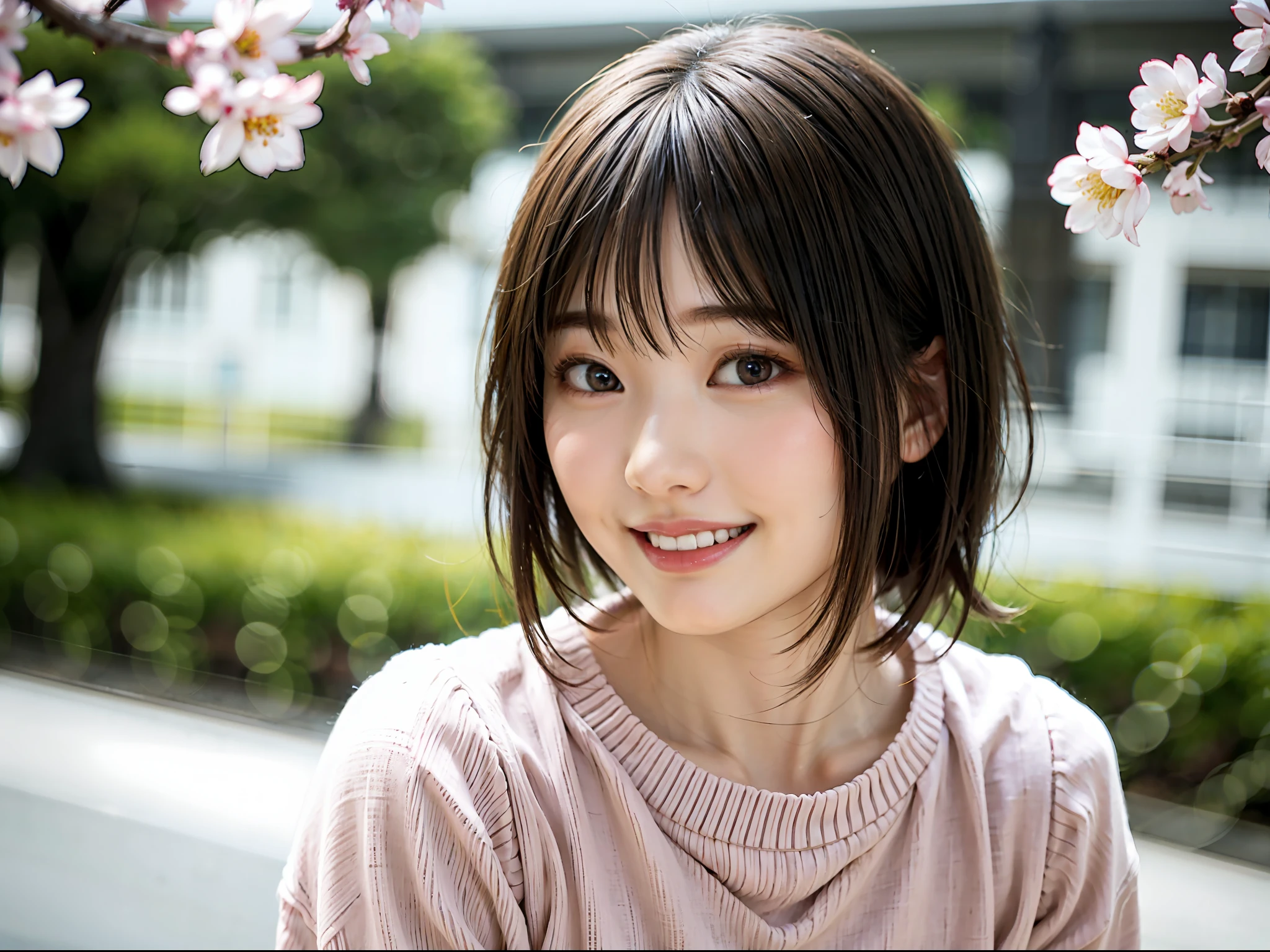 Saw a woman posing for a photo with attractive cut closeup,smil,Looking away,Japanese Models, Beautiful Asian Girl, short hair and short bangs,Okappa,2 0 years old female model,top-quality、masutepiece、8ｋ、portlate、Happy smile when looking at this、