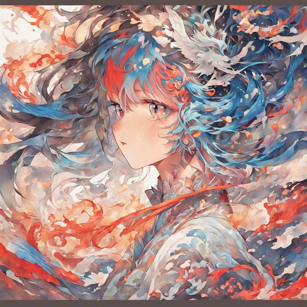 (White background:1.4),(Silhouette of a boy, Eyes closed, colorfull long hair, Oriental elements),(Chinese illustration:1.3,paper art:1.3, Quilted paper art:1.2),( reasonable design, Clear lines, High sharpness,Best quality, Very detailed, Masterpiece, movie light effect, 4K ), (Subtle yin and yang elements)