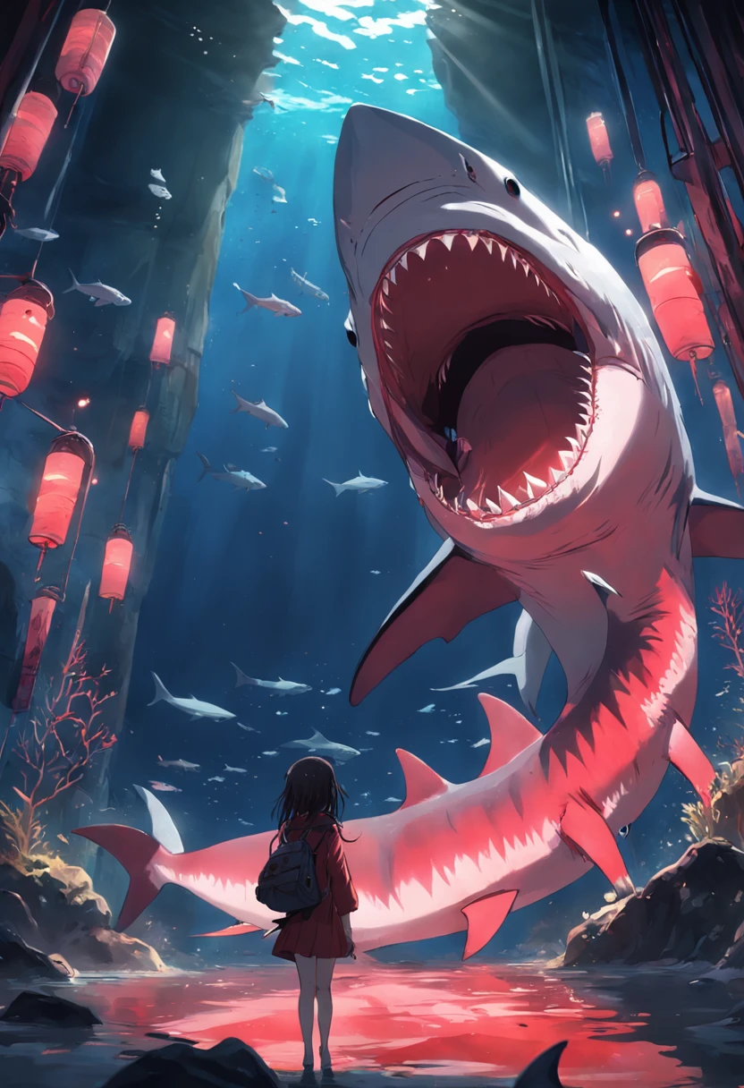 the shark,red colour,predation,blood vess,gloom,with light glowing,Fish 1