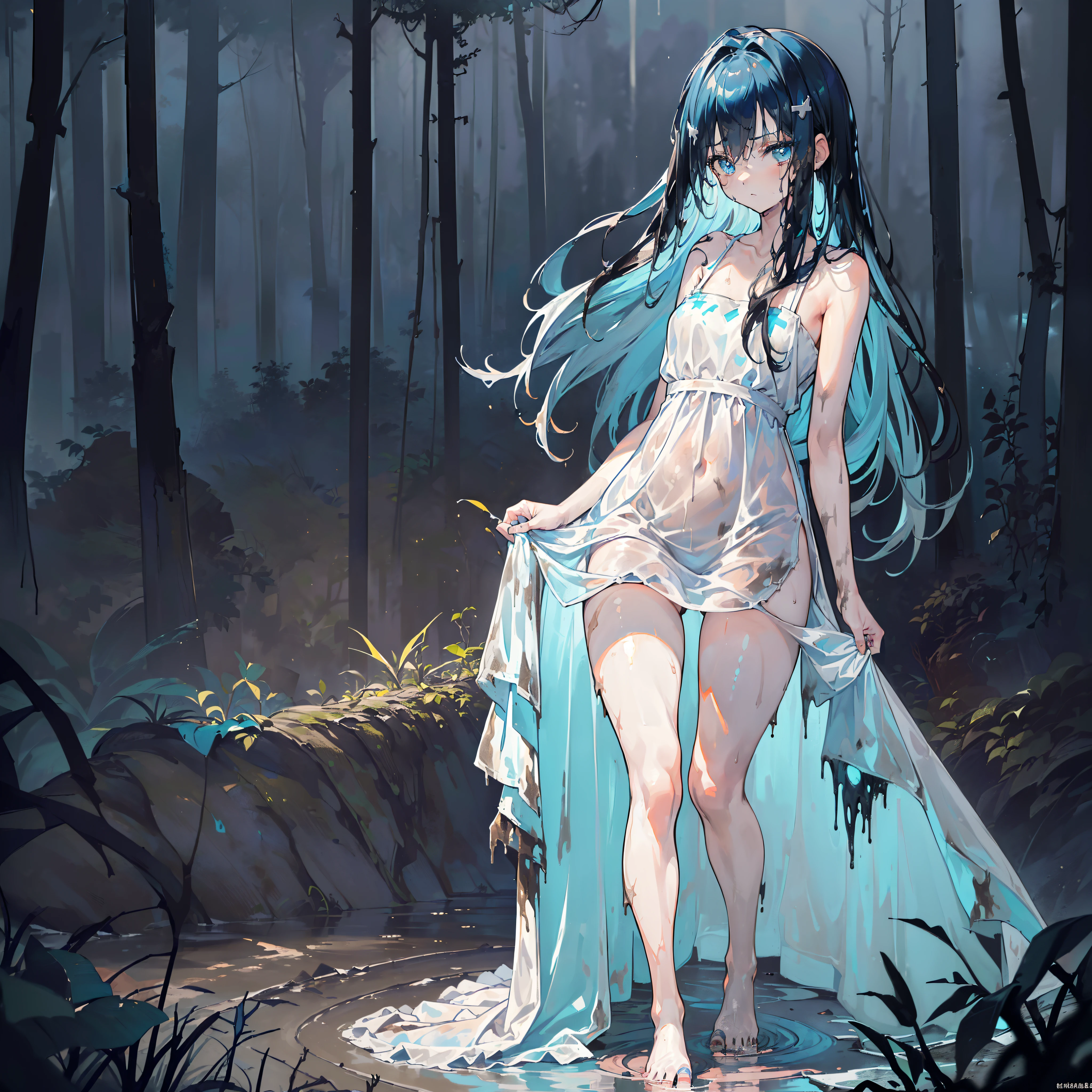 Anime teen girl, ((((alone)))), dirty and muddy (((((White and blue long dress all the way down covering the legs and thighs))))), blue hand and thigh accessories, (((black hair))), hair accessories, blue eyes, gold ear decorations, nose, nervous, pale skin, neck, shoulders, small chest, arms, thin waist, legs, small thigh, ((barefoot)), cute, gold stripes on dress, in a (((((dark, a lot of haze, dead forest forcibly walking through a small muddy swamp at night))))), (((angry and frustratingly))), very dark at night haze, high resolution, highest quality, ultra detailed, detailed face, (detailed eyes), best quality, hyper detailed, masterpiece, (detailed face), clean face, detailed eyes, (((((Girl's legs covered in dirty water and mud, dirty wet hair, wet and messy, anime)))))