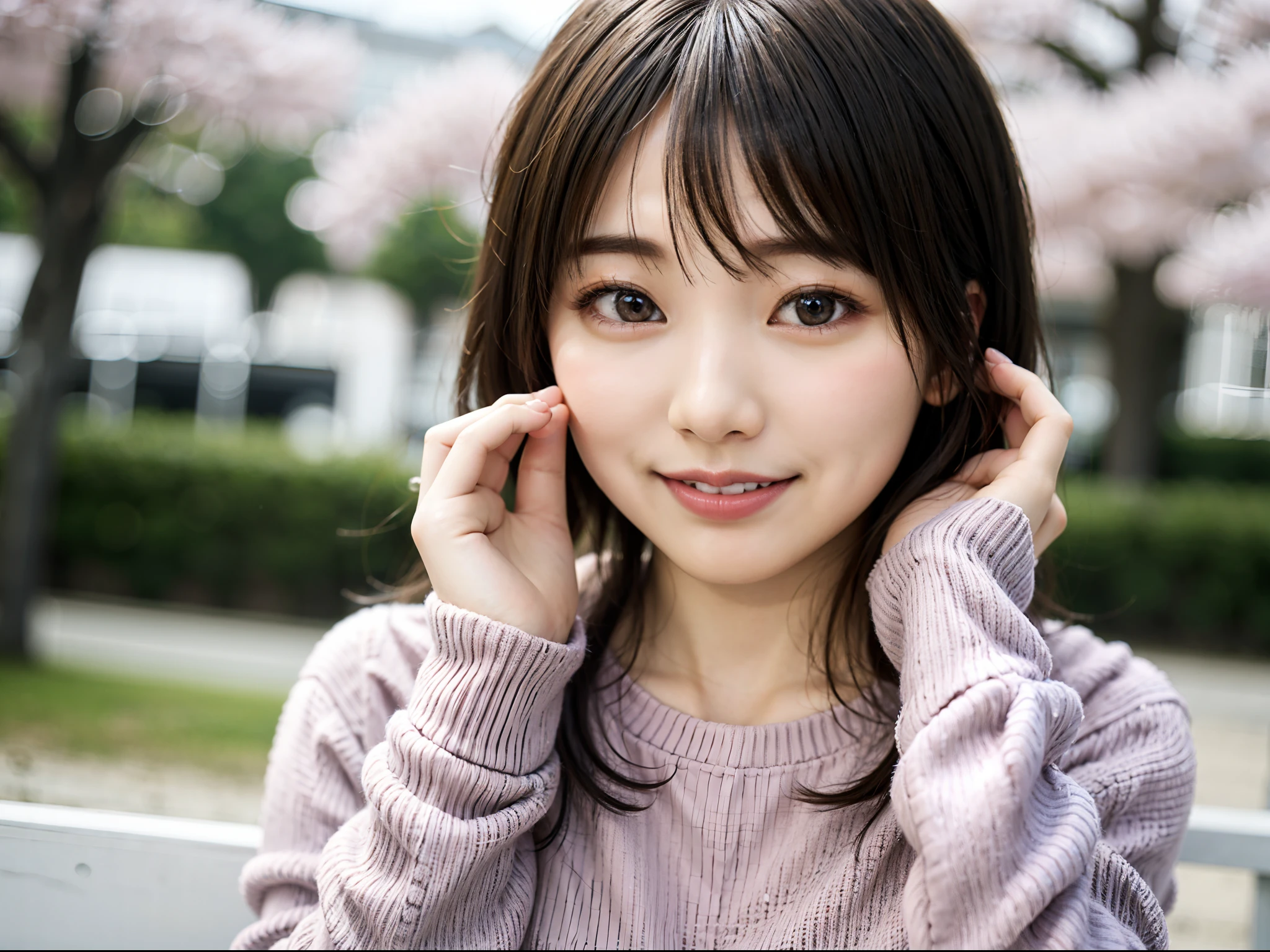 woman posing on cherry background, best quality, girl 1 asian, cute, cute face, textured skin, beautiful smile, bright, blurred background, dating, bokeh, outdoors, (street: 0.8), (people, crowd: 1), short hair 1.2, beautiful sky in detail, (dynamic pose: 1.2), (upper body: 0.8), soft lighting, wind, glossy skin, smile, cherry blossom, Beautiful fine eyes, (sweater: 1.1), (short hair: 1.2), floating hair Nova Frog style,