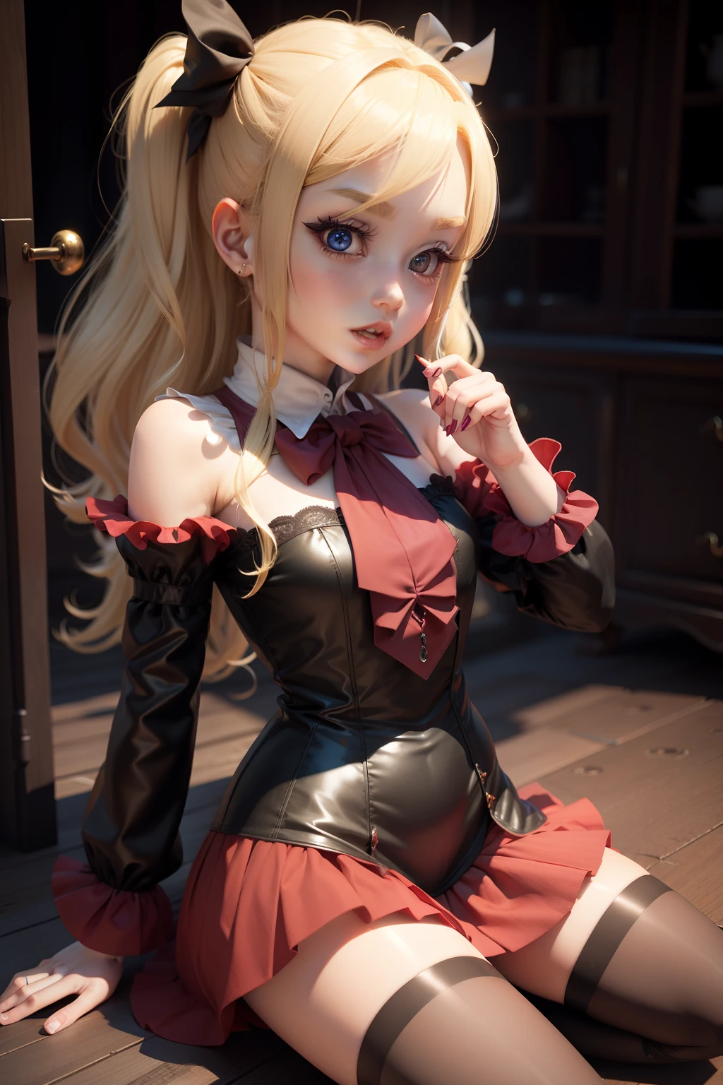 blonde hair anime girl, and red eyes, wearing a red bow, Close-up photo of a young woman, Inspiration from Grandpa Hua, Avatar, tight chinese dress, Inspiration from Li Meishu, ta, Inspiration from Julian, Elf girl, 4k, Highest quality, Look straight., big breasts