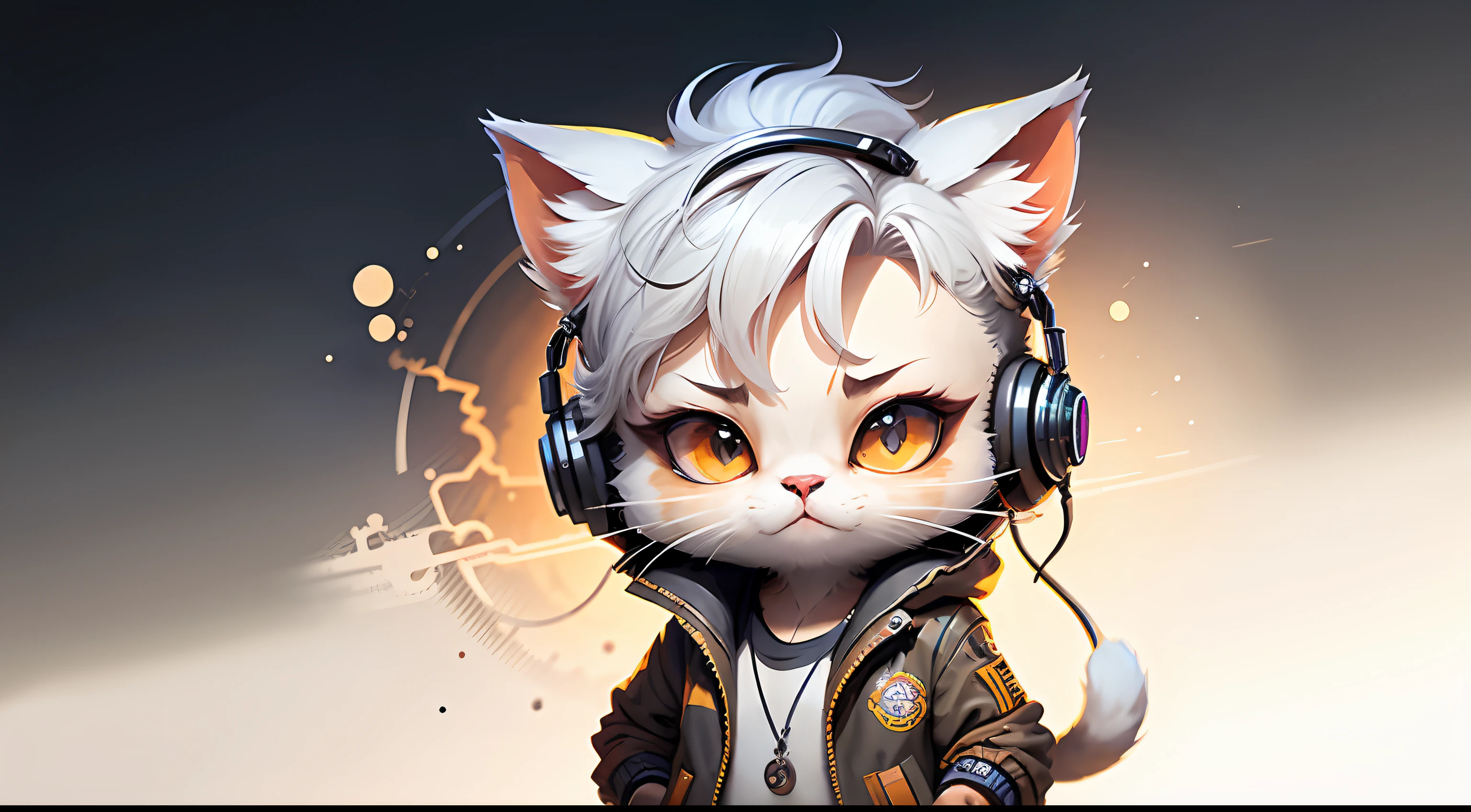 Perfect centering, A cute kitten all over, Wear a student jacket, Wearing sunglasses, Wearing headphones, Standing position, Abstract beauty, Centered, Looking at the camera, Facing the camera, nearing perfection, Dynamic, Moonlight, Highly detailed, Digital painting, art stations, concept-art, smooth, Sharp focus, 8K, high definition resolution, illustration, Art by Carne Griffiths and Wadim Kashin, White background