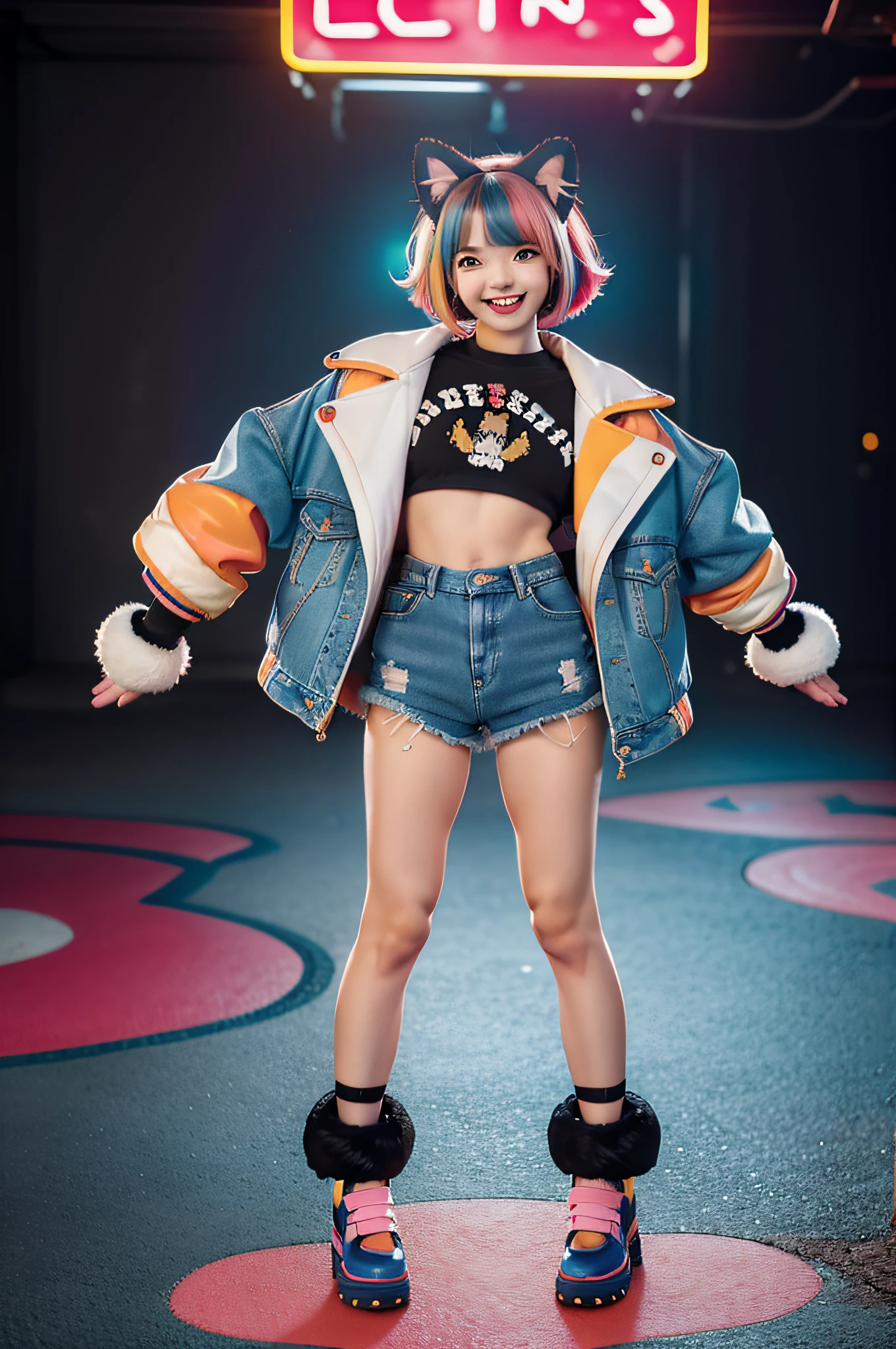 masterpiece,
an extremely cute and beautiful girl, highly detailed beautiful face and red eyes,(jean shoes:1.2)
cute, (evil smile:1.2), multicolored hair, very short hair, animal ears, wolf ears,child,
colorful jacket, neon colors, punk rock, shorts, piercing,
full body, paw pose, (cat paw gloves:1.3)
