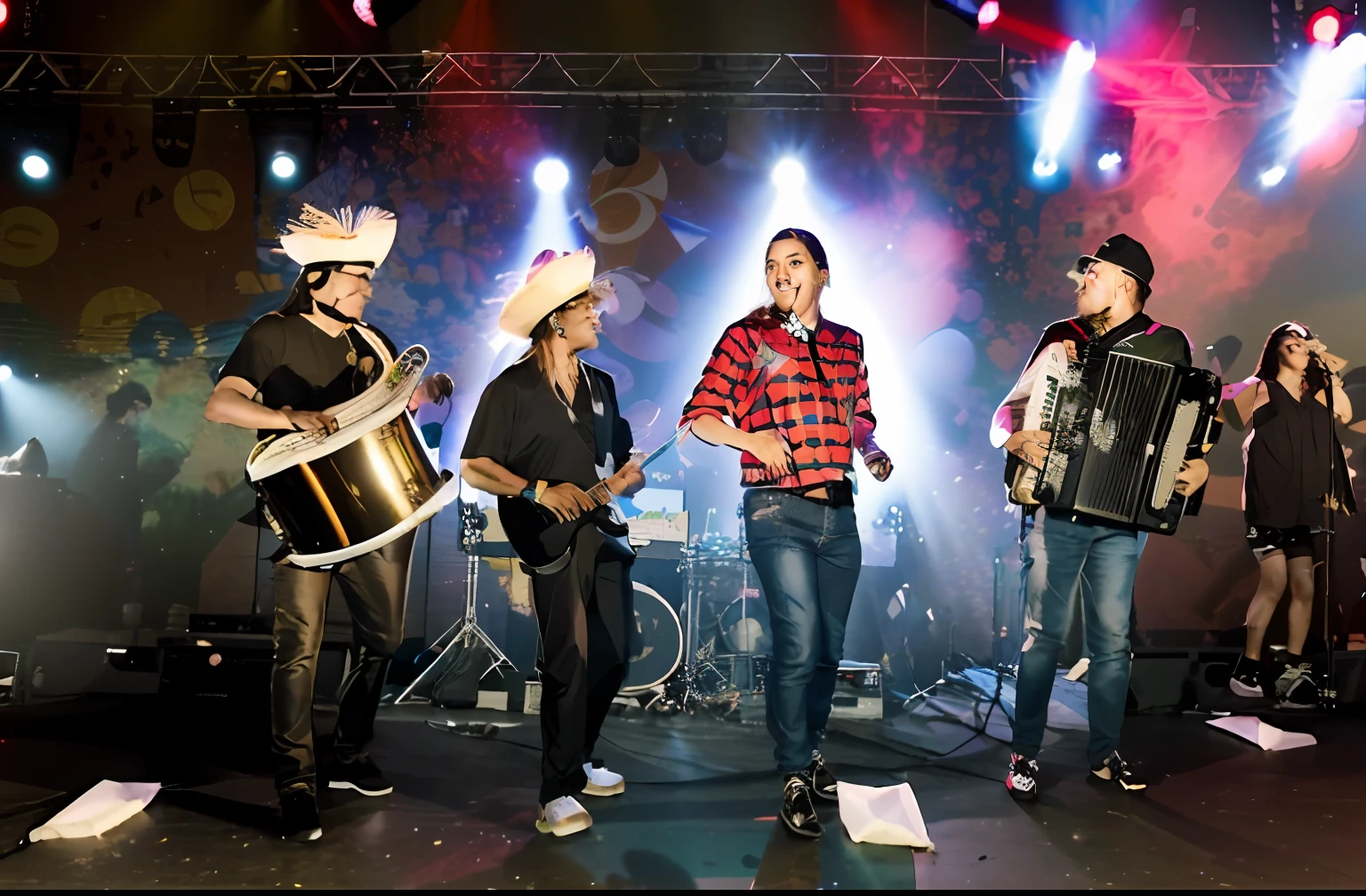There are four people standing on a stage with a band, banda, Apresentando-se no palco, em um fundo escuro, Banda Eloy, foto do concerto, music show, music festival, fundo transparente, folclore, bandaa tocando instrumentos, musicians playing instruments, festival, por Ella Guru, videoclipe, bandaa tocando, by Gina Pellón, rap no palco do festival