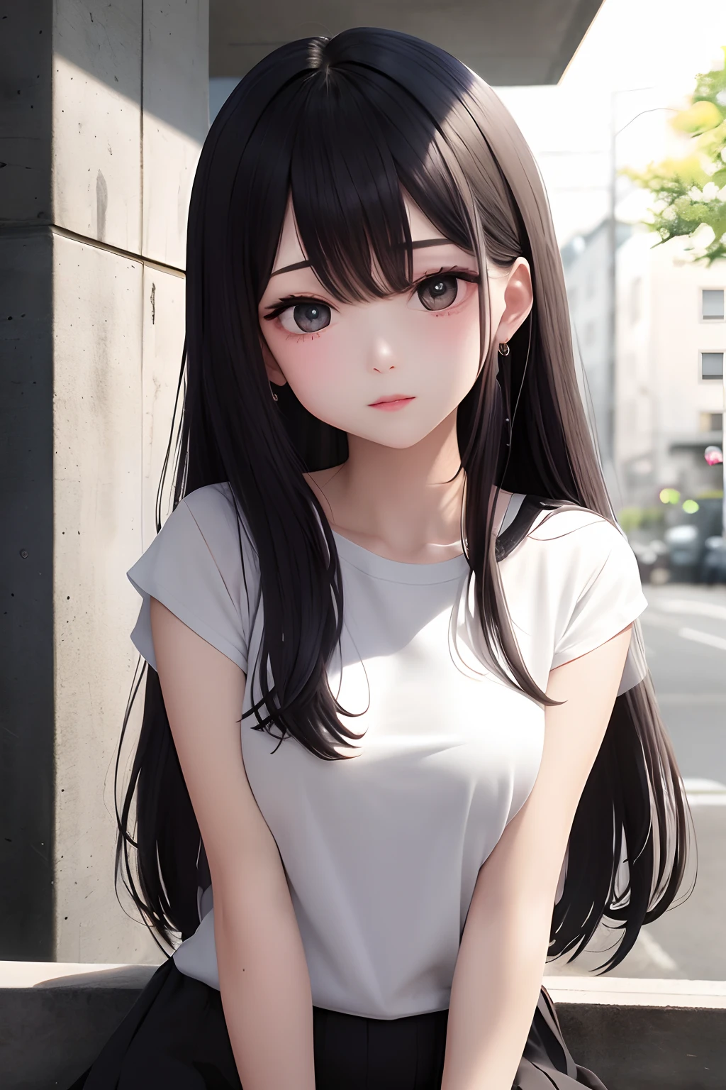 ((fetal))(a very delicate and beautiful)、((Sit down))((The background feels dark))、a very delicate and beautiful)、(Black hair)(The upper part of the body)(tshirts)、dynamic ungle、portlate)、(smooth hair)、(Big eyes)beautiful countenance、de pele branca、depth of fields、radiant lips、irate、(mournful)Concrete background、