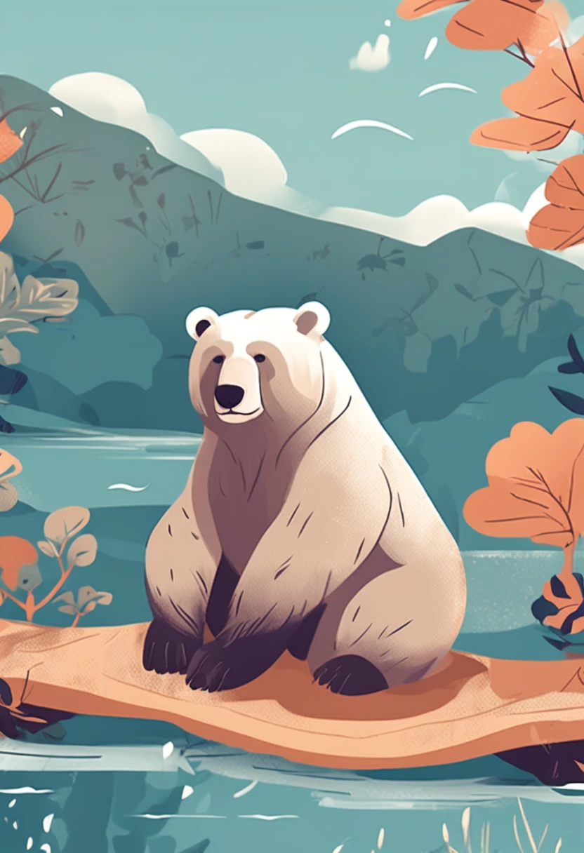 a bear、chill、relax、naturey、summer
Main color - cool blue、secondary color - calm beige,
Casual and cute、Hand-drawn style
Fur texture
Heavy use of curves、Expresses a soft atmosphere
Composition of a bear lying in the shade of a tree、Cool river and landscape in background
