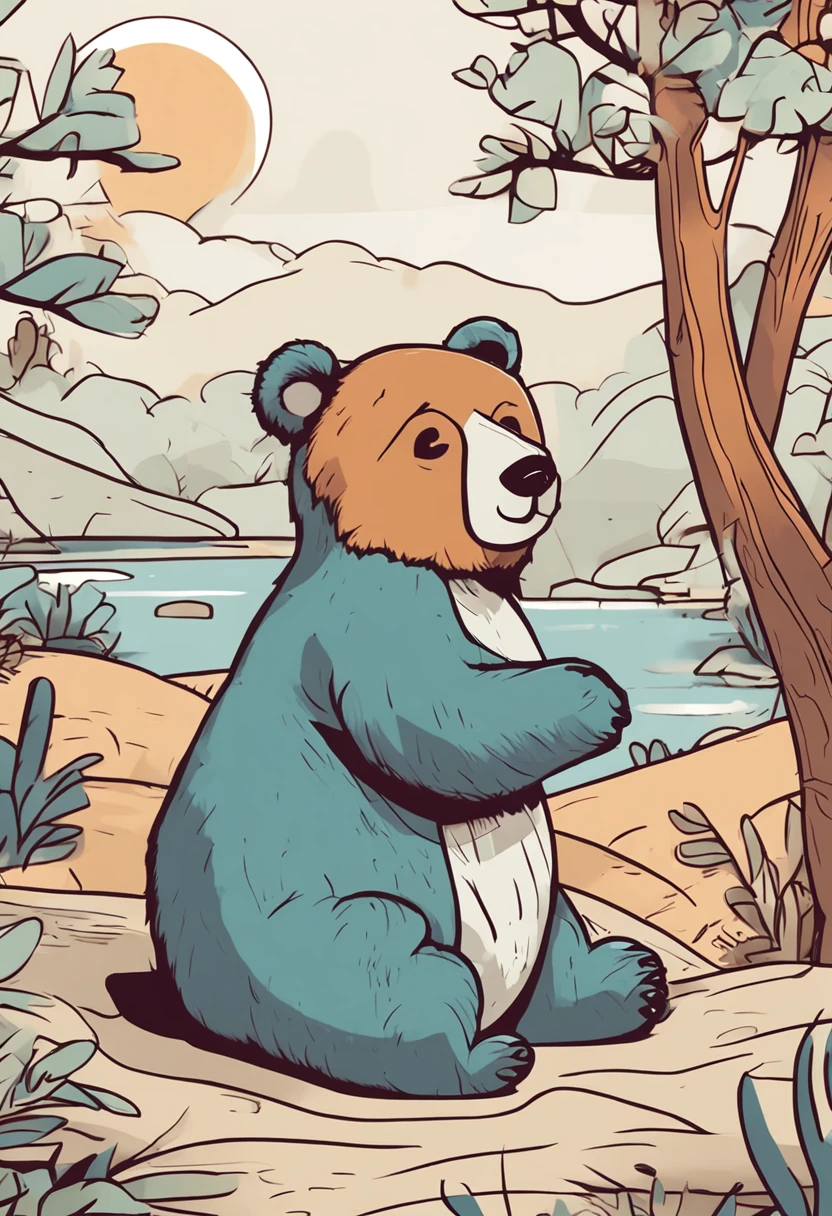 a bear、chill、relax、naturey、summer
Main color - cool blue、secondary color - calm beige,
Casual and cute、Hand-drawn style
Fur texture
Heavy use of curves、Expresses a soft atmosphere
Composition of a bear lying in the shade of a tree、Cool river and landscape in background