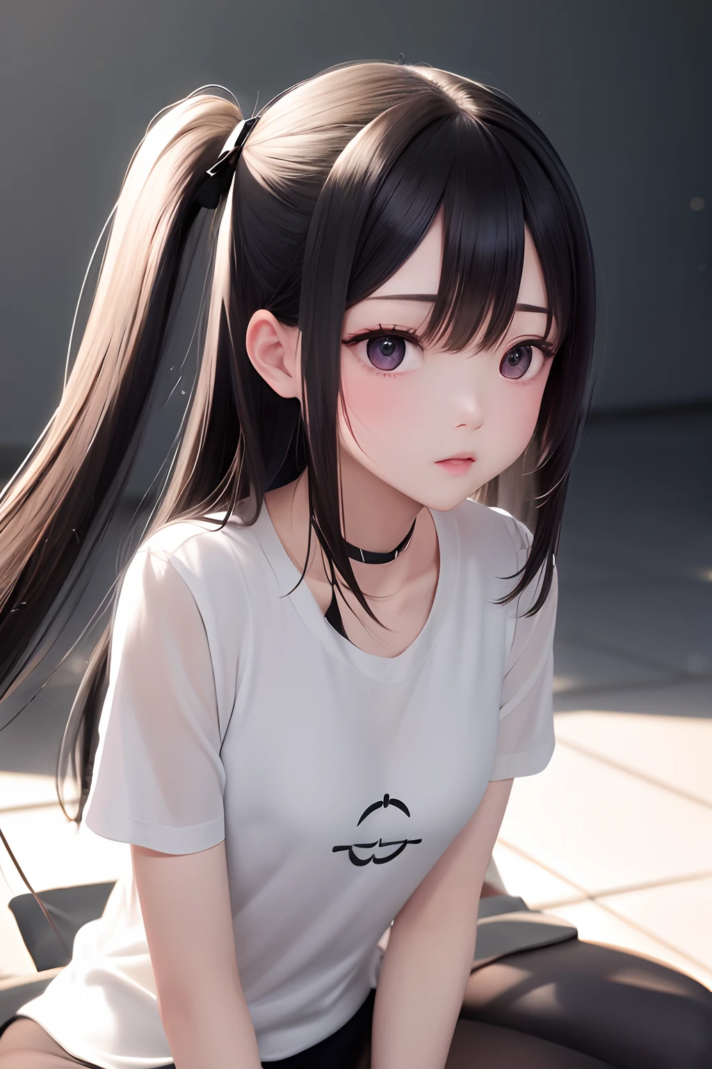 （（fetal））(a very delicate and beautiful)、（（Sit down））（（The background feels dark））、a very delicate and beautiful)、（Black hair）（The upper part of the body）(tshirts)、dynamic ungle、portlate)、(smooth hair)、（Big eyes）beautiful countenance、de pele branca、depth of fields、radiant lips、vivd colour、（mournful）Concrete background、