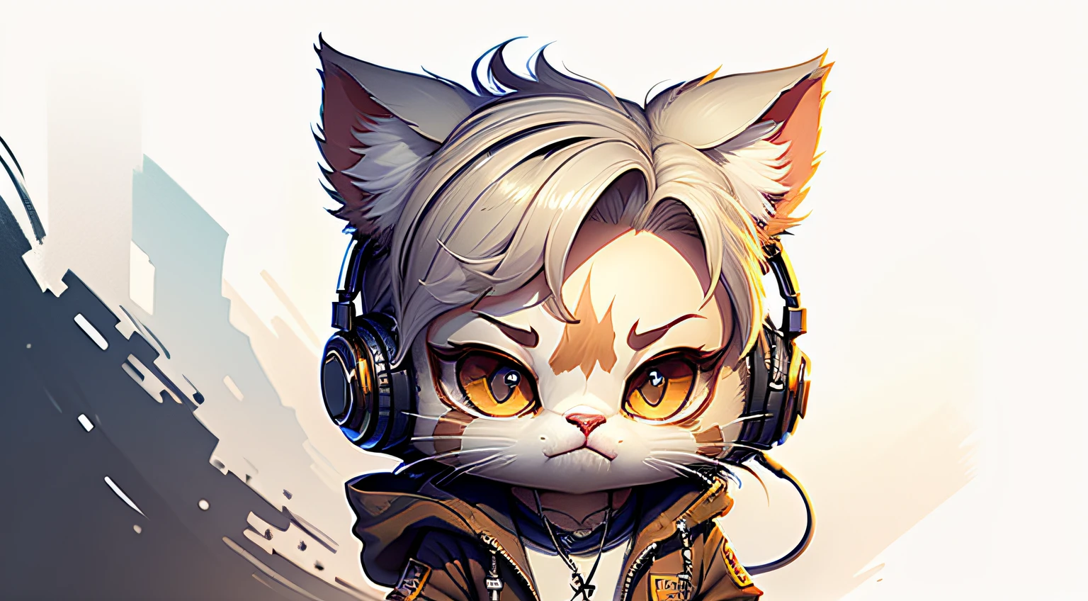 Perfect centering, A cute kitten all over, Wear a student jacket, Wearing sunglasses, Wearing headphones, Standing position, Abstract beauty, Centered, Looking at the camera, Facing the camera, nearing perfection, Dynamic, Moonlight, Highly detailed, Digital painting, art  stations, concept-art, smooth, Sharp focus, 8K, high definition resolution, illustration, Art by Carne Griffiths and Wadim Kashin, White background