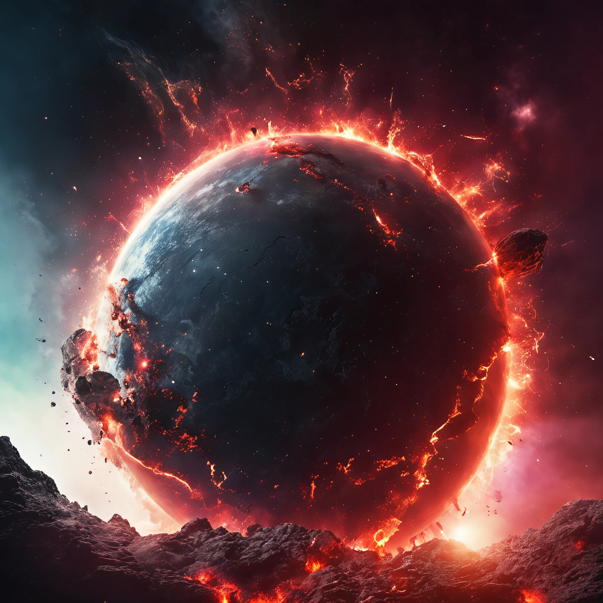 ((Best quality)), ((Masterpiece)), (dramatic scene), The Earth and the Sun collapse into black holes as the Sun, (Doomsday lighting:1.3), The sun darkens when implosed, (Epic composition:1.2), Earth bathed in red light, (CG animation:1.1), Flames and debris are inhaled, (Emergency atmosphere:1.2), People fleeing by boat, (movie atmosphere:1.3), Nebulae and galaxies in the background, (High contrast:1.1), (8K resolution:1.0),Five knots