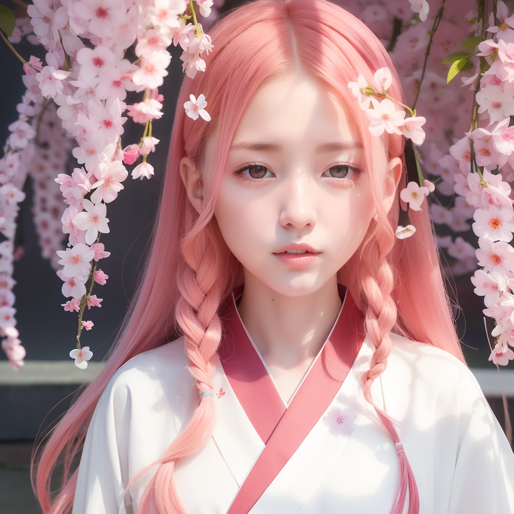 Sakura uchiha. A woman standing under a flower. He wore a white kimono with a pink stripe. She had a pale white skin with rosy cheeks. Her little lips look red seductive. Her long hair is pink unlaced. He looked at the camera. So incredibly graceful and realistic