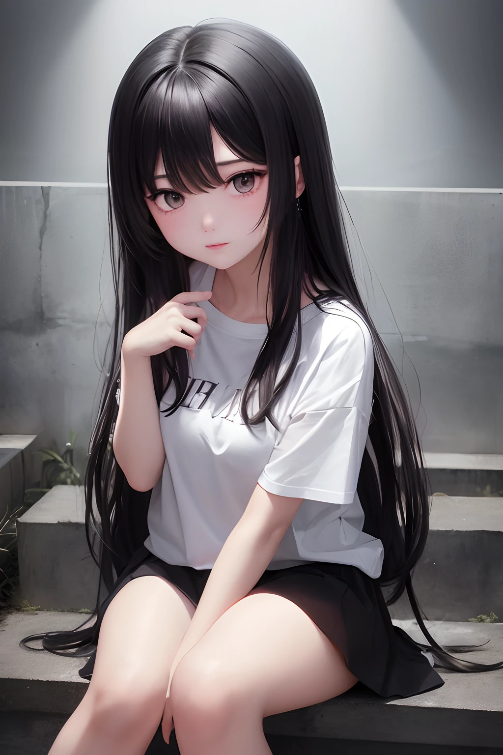 （（fetal））(a very delicate and beautiful)、（（Sit down））（（The background feels dark））、a very delicate and beautiful)、（Black hair）（The upper part of the body）(tshirts)、dynamic ungle、portlate)、(smooth hair)、（Big eyes）beautiful countenance、de pele branca、depth of fields、radiant lips、irate、（mournful）Concrete background、