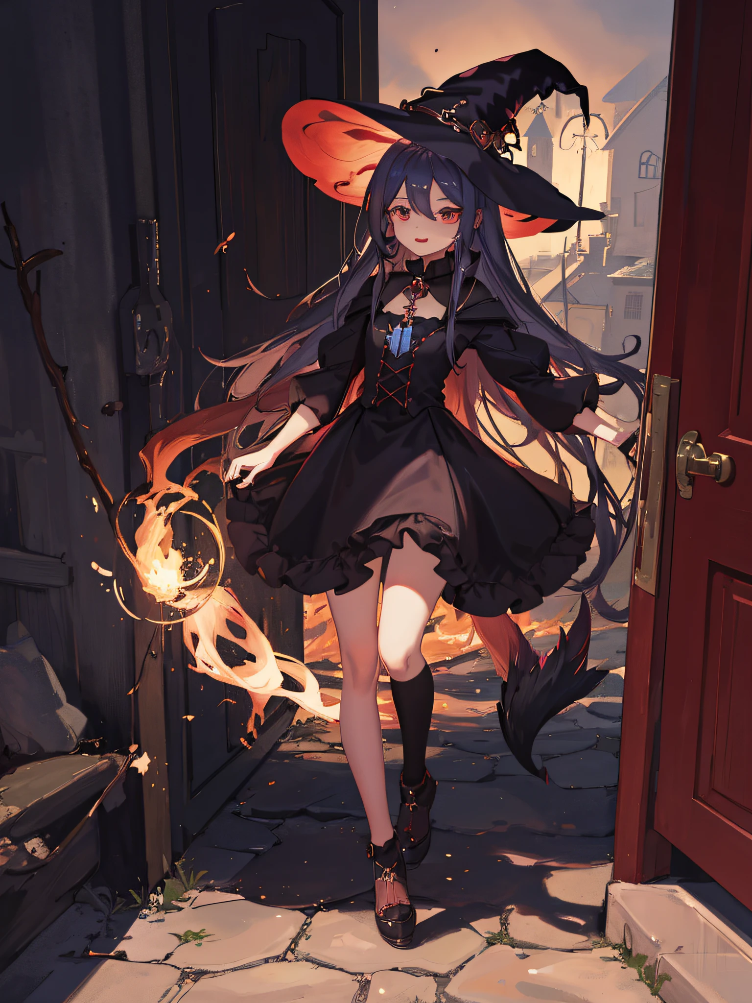 1girl, full body, masterpiece, 4k, wallpaper, red witch hat, ((cute little witch)), li cute face, (ki  the witch is chasing by people in village, detailed face, detailed eyes, ((black cerberus)), (witch:1.2), full body, Illustration, cinematic light, high resolution, daylight, forbidden door, guards, flames, bright morning, midsommar style,