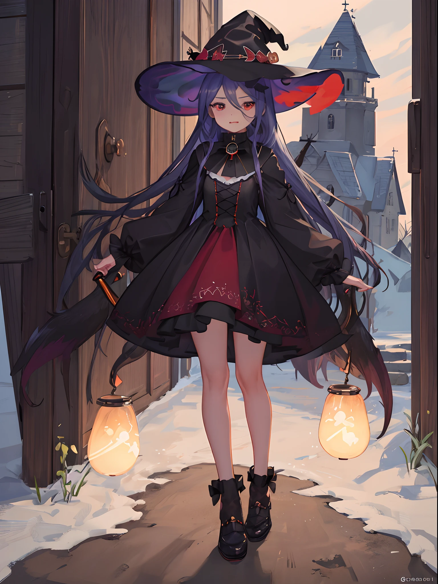 1girl, full body, masterpiece, 4k, wallpaper, red witch hat, ((cute little witch)), li cute face, (ki  the witch is chasing by people in village, detailed face, detailed eyes, ((black cerberus)), (witch:1.2), full body, Illustration, cinematic light, high resolution, daylight, forbidden door, guards, flames, bright morning, midsommar style,