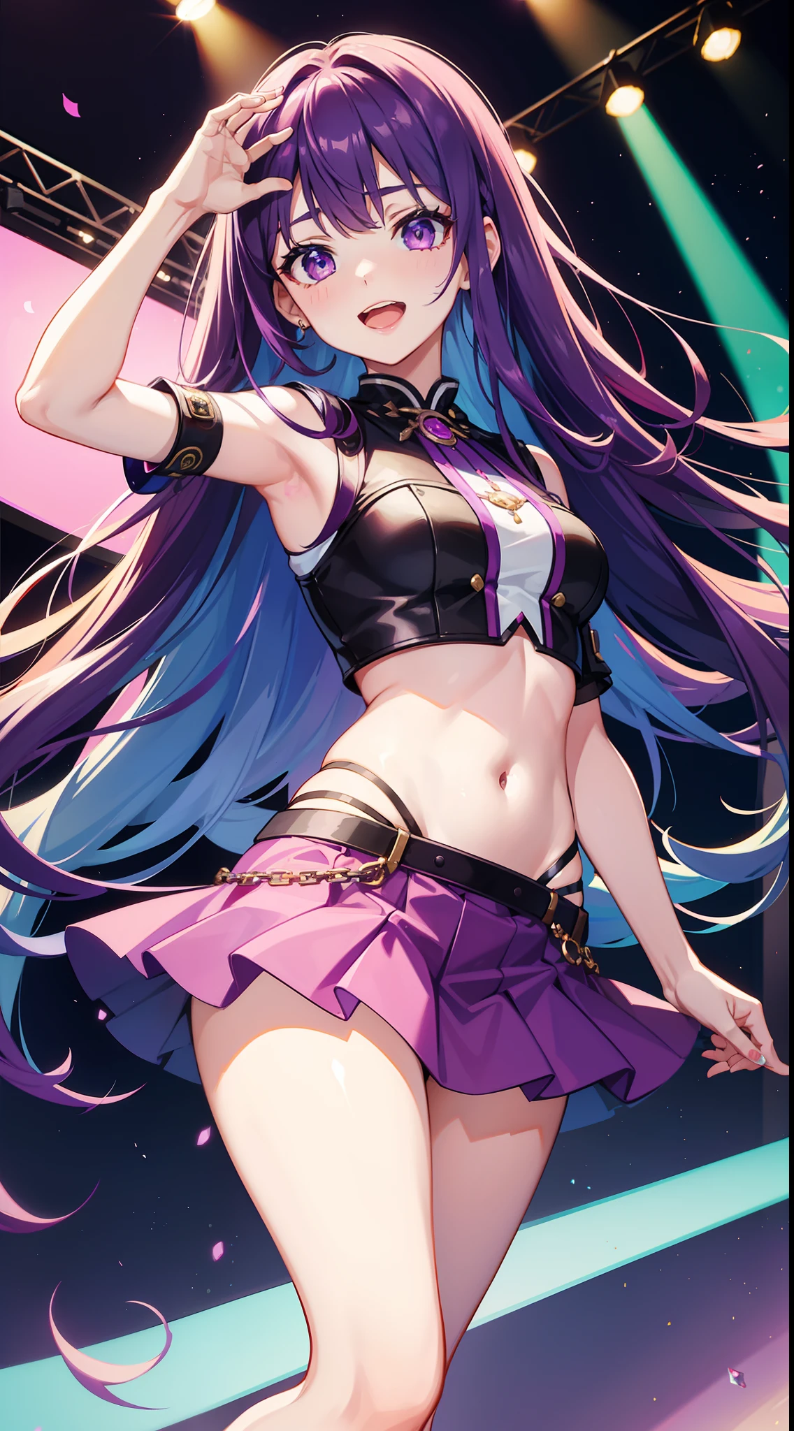 Front-facing, masterpiece, top quality, 8K animation, detailed fingers, precise fingers, not unnatural hands, illustration, 1 girl, solo, sagging eyes, rings in the hair, long pink hair, purple bikini bra, miniskirt with white ruffles, white gloves, large purple eyes, Hatsune, gentle expression,