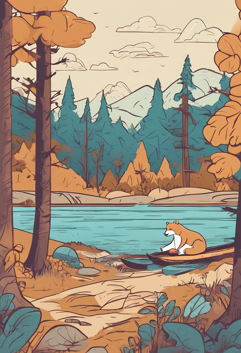 camp、a bear、chill、relax、naturey、Summer Main Color - Cool Blue、Secondary Color - Calm Beige Casual and Cute、Hand-drawn style fur texture, lots of curves、Expressing a soft atmosphere Composition of a bear lying in the shade of a tree、Cool river and landscape in background