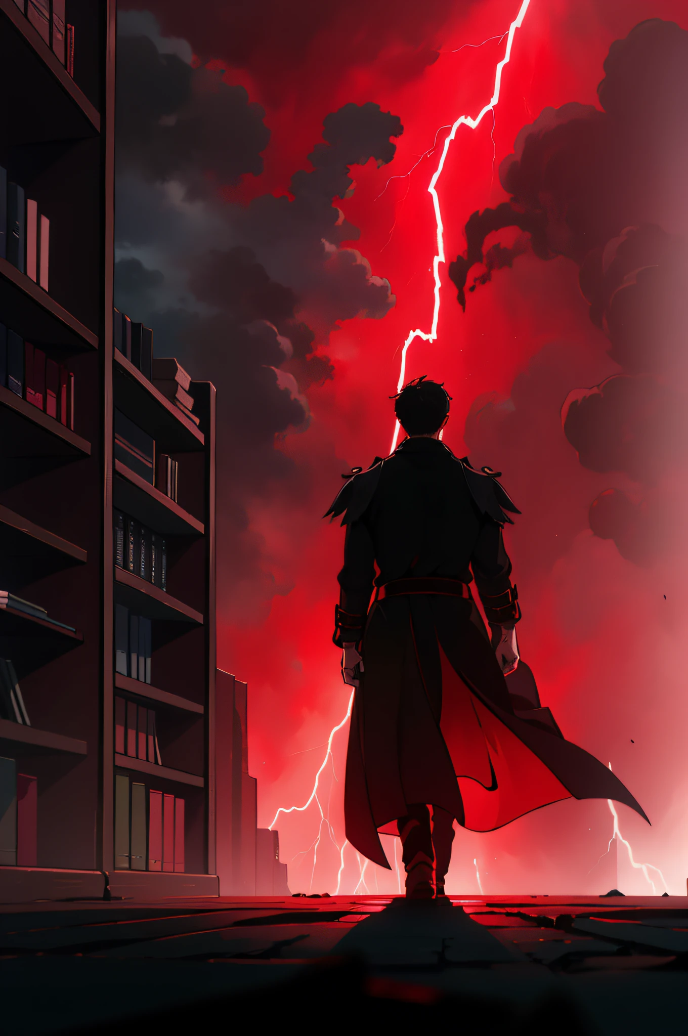 Thunder and Lightning,Shadow surrounding,Blood mist pervaded,Determined eyes,Side face,Blood red-black gradient,Strong muscles,Neat trench coat,Simple short hair。Bookshelves surround the back