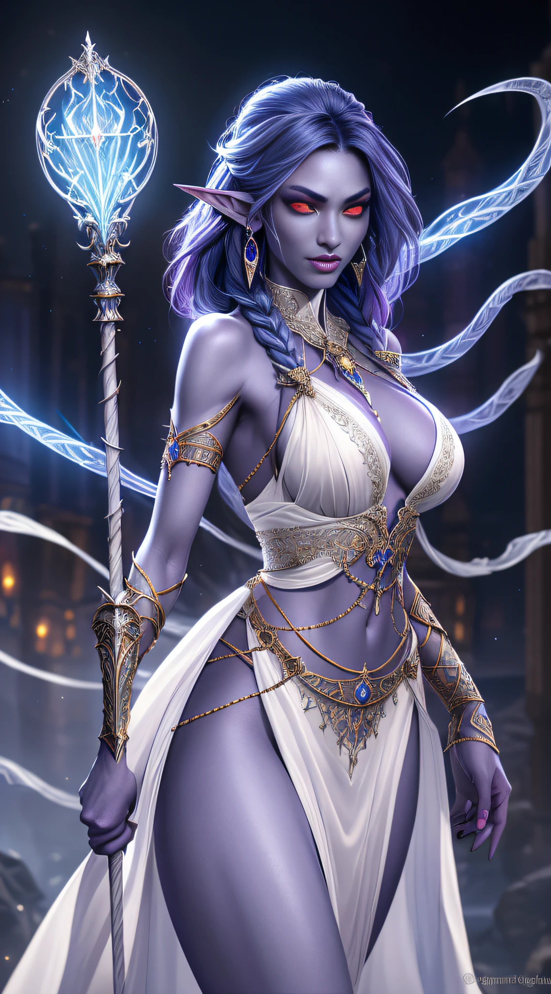 1girl, sexy drow, dark purple-blue skin, pale silver long elaborate braids, ((red eyes)), jewels, elf ears, earrings, ((white sorceress sexy dress)), ((wields staff)), ((cast light magic)), on a roof of scyscraper, athletic, volumetric lighting, best quality, masterpiece, realistic, anatomically correct, (strong cinematic lighting), stunning details, intricate details, 8k post-production, High resolution, super details, trending on ArtStation, sharp focus, depth of field f/1.8, studio photos, (((looking at camera)))