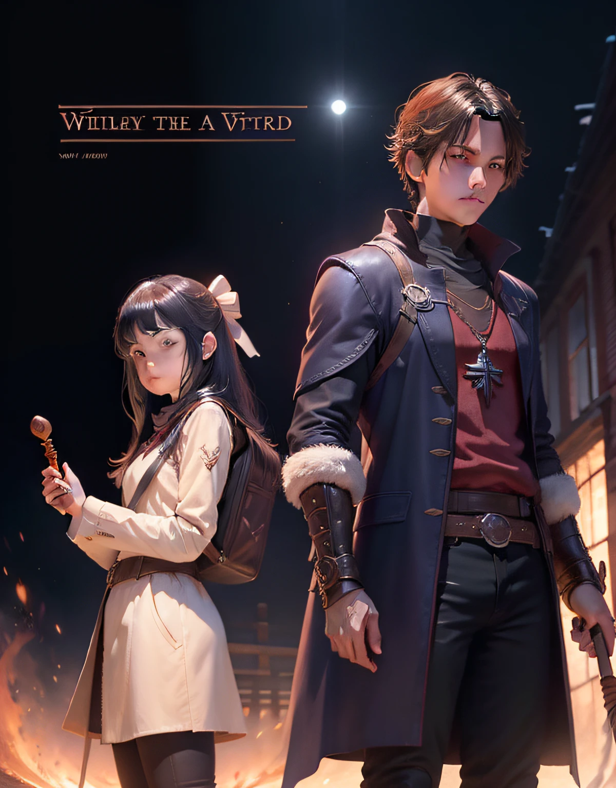 Write a novel cover，The book is called Journey to the New World，The cover depicts a young man standing in the middle, holding a half-sized mask in his right hand and raising it to his right face，On the left stands a young woman with a wand in her hand，On the right stands a young girl with a wand in her hand
