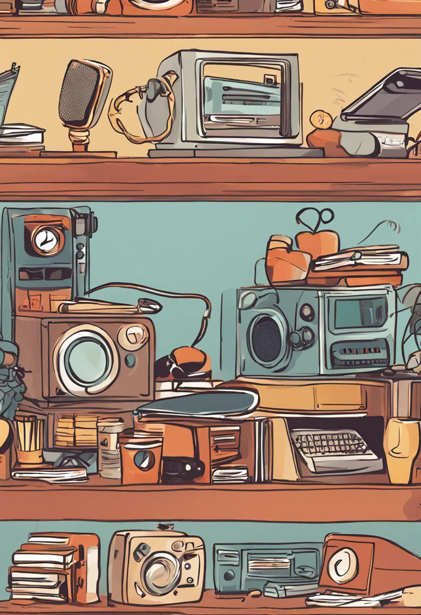 On a desk was a notebook on it、Two phones、a tablet、filmcamera、shaver