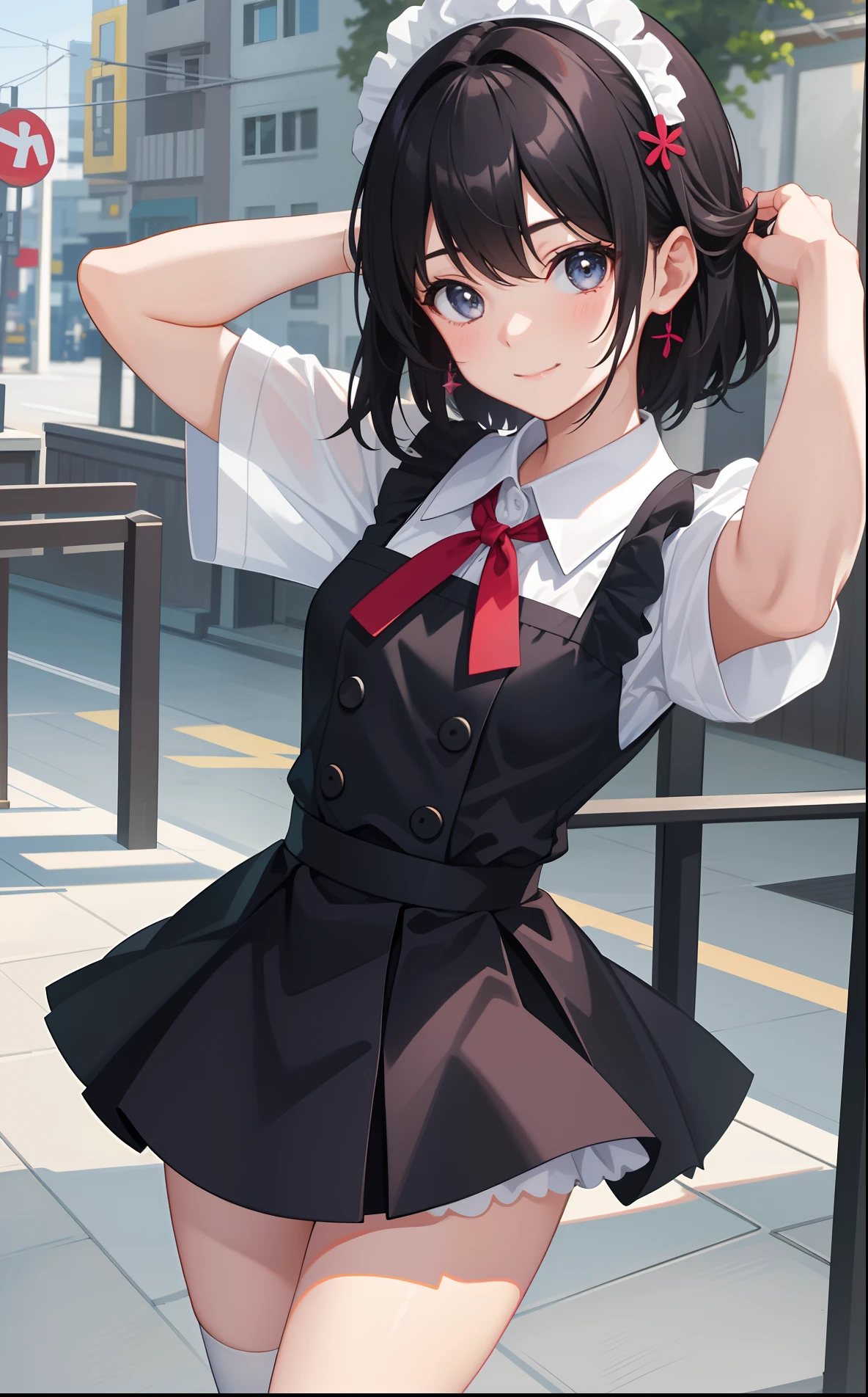 Brown hair,watching at viewers,black suspenders,Bulging big,breasts,walls: Black miniskirt,garters,Gaze,Small face,bangss,holster,Beautuful Women,hands up,leg holster,Gaze,black boots panty shot, provocation,flank,flank sweat soio,arm, pose muy sexy,