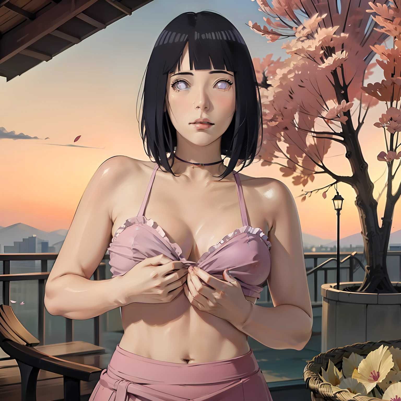 masterpiece, absurdres, hinata\(boruto\), 1girl, solo,mature female, spaghetti strap top, high waist pencil short skirt, looking at viewer, (falling petals), perfect composition, detailed lips, big breast, beautiful face, body propotion, blush, (pink lips), long hair, purple eyes, soft gaze, super realistic, detailed, photoshoot, realistic face and body,
