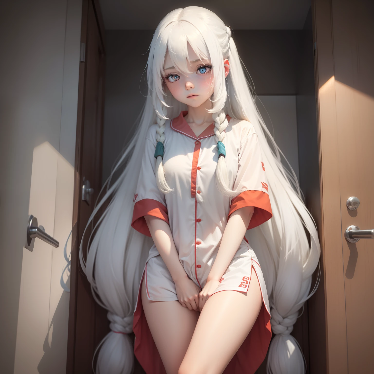 Silvery hair、Golden Eyes、teens girl、View of the crotch from below、flat chest、Thin pubic hair、Beautiful open legs、Red bathrobe