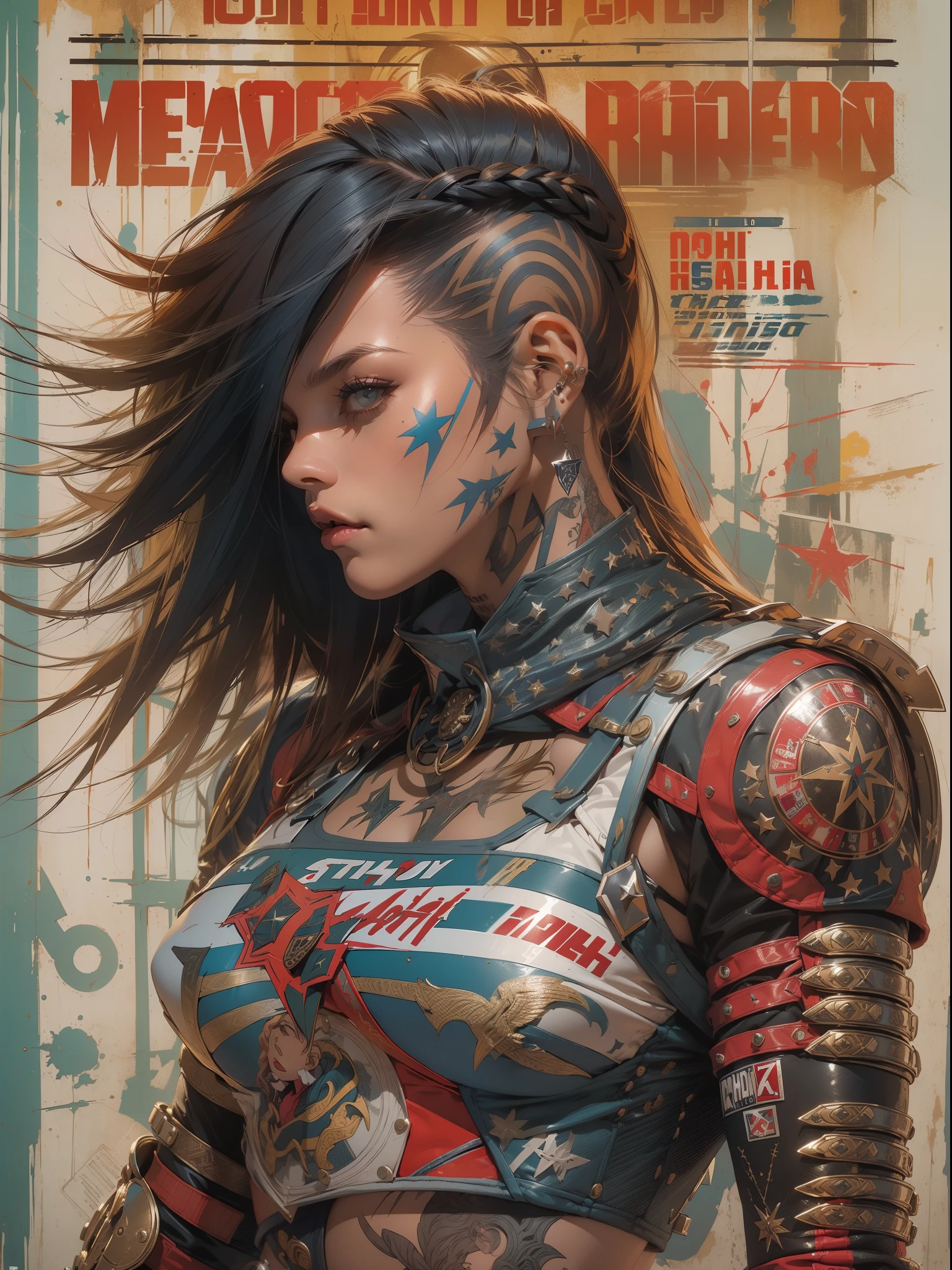 (((mulher))), (((melhor qualidade))), (((obra prima))), (((adulto))), (((1girl))), ((( corte de cabelo bob ))), Uma gladiadora cyberpunk mulher de 25 anos com corpo perfeito, shoulder pads with metal spines, Gladiadores do Brooklyn, (( corte de cabelo bob )), tiny leather panties, camiseta de time de rugby rasgada, quase nua no estilo selvagem urbano de Simon Bisley para a capa da revista Heavy Metal, Cabelo loiro curto, Minimum clothing, Metal protection on the left arm with intricate graphics, Dark red with white stars and blue and white striped pattern, armadura, cheio de pontas e rebites, tatuagem de veneno (((do joelho pra cima))), cabelos loiro branco curto, no fundo uma parede pintada por Shepard Fairey com um design intrincado