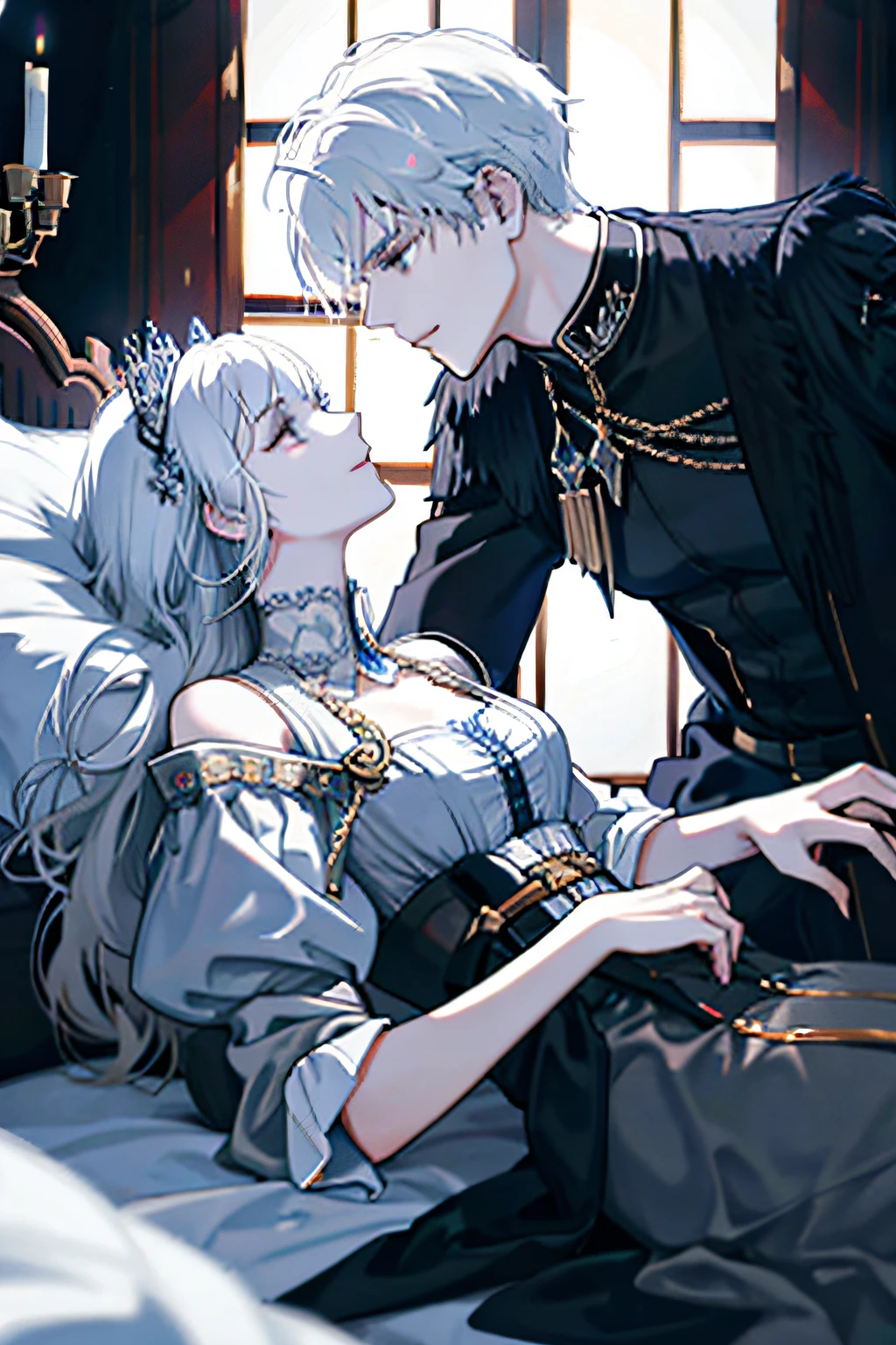 White-haired woman lying in the arms of a black-haired man，royal house，nobles，A princess，ellegance，kiss，high high quality，couple，kiss，multiple persons，Best Picture Quality，the detail