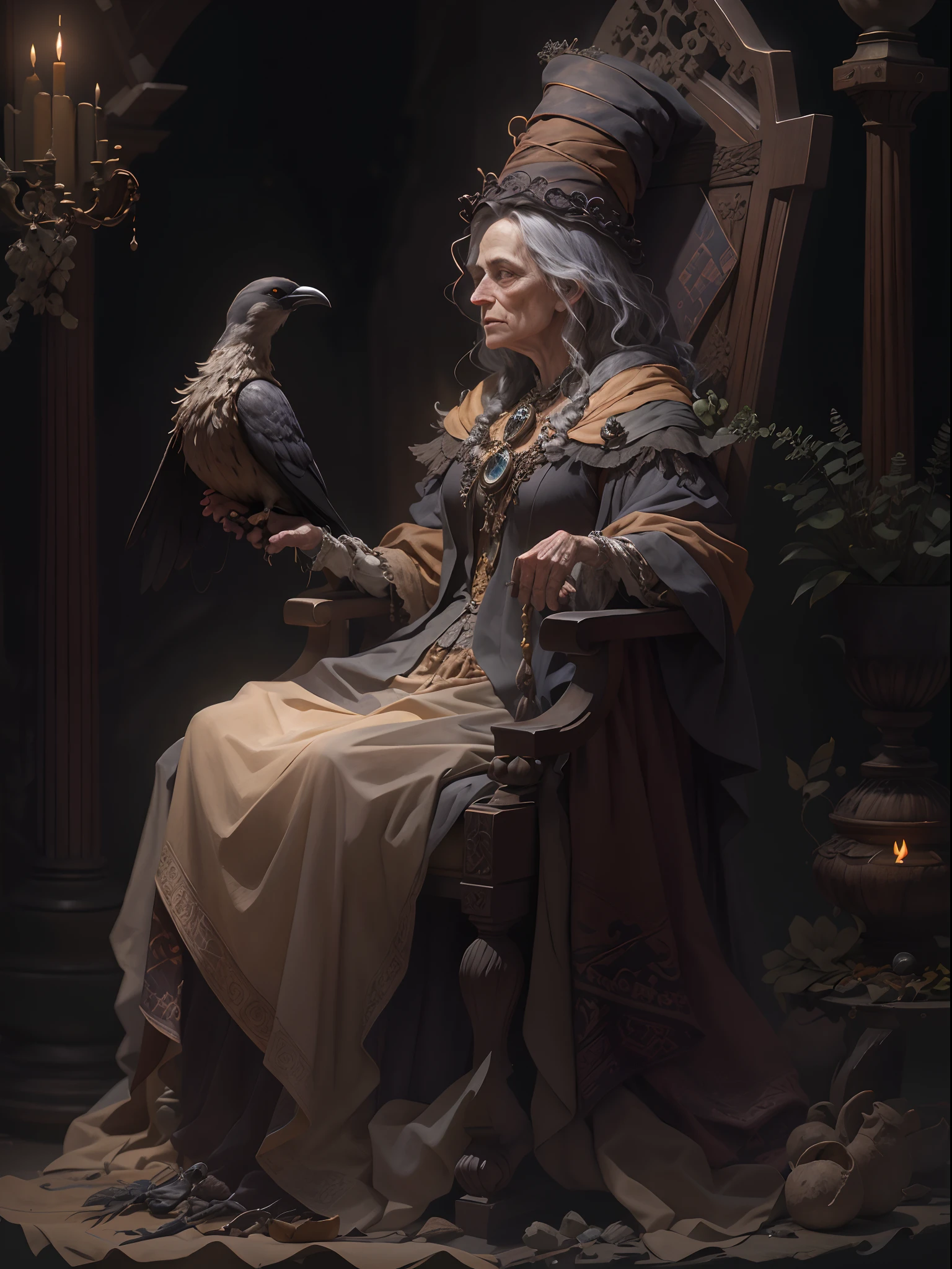 An old witch sits in a Kadilau chair in the background,She was holding a Soniste crow, Packed on sheets, hermit, Marble statue of, Deep octane rendering, Candlelight lighting, baroque, European, Side view from the bottom, Anatomically correct, Super detailed