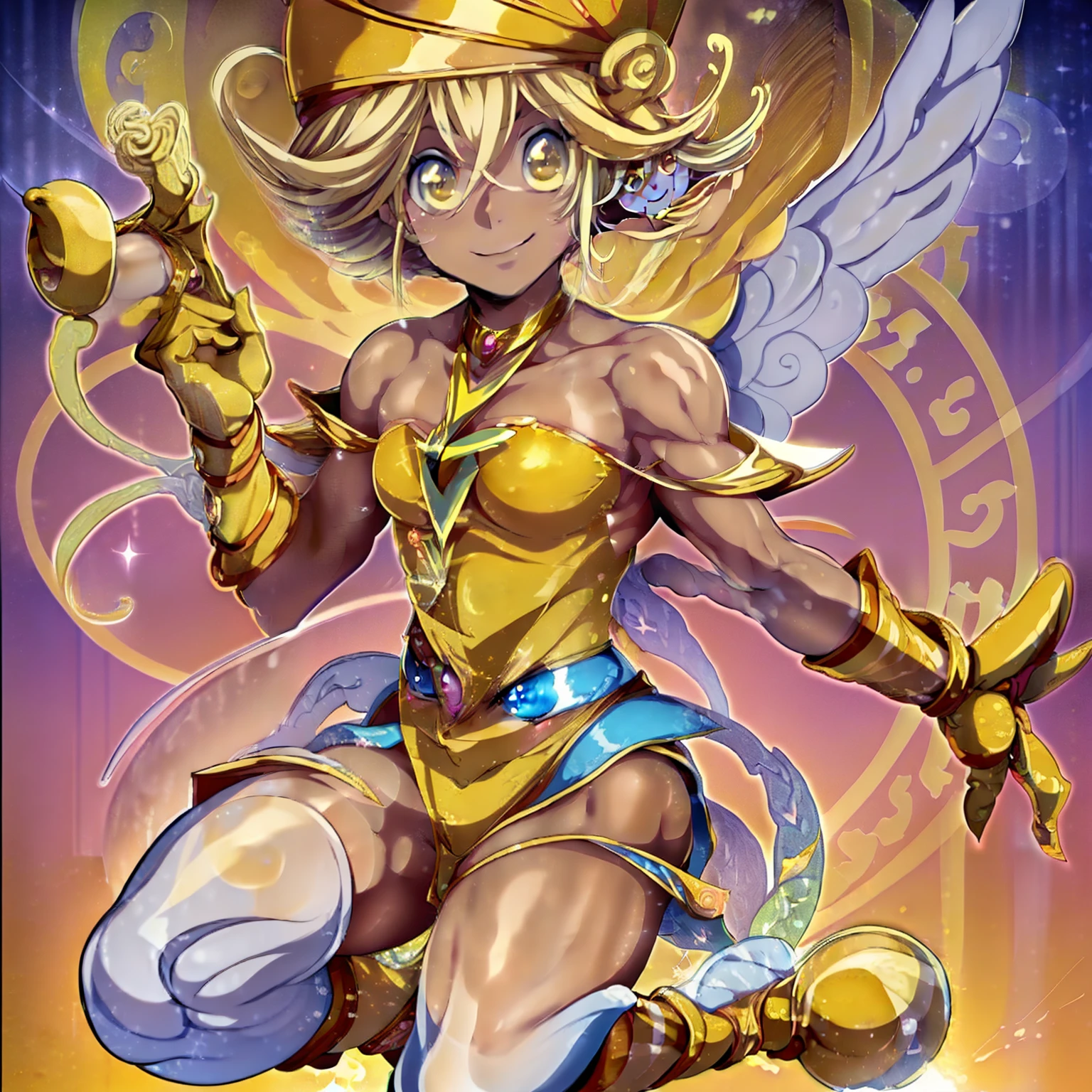 ((lemon_magician_girl as a Boy:1.2)), Blonde hair , Yellow Clothes , Smile , Cute , ((Tan skin:1.6)), ((solo,1boy:1.1)), Yellow  Witch hat , Tiny angel wings,gloves , Boots , Magical Background, Dynamic pose, High quality, high Asethics, masterpiece