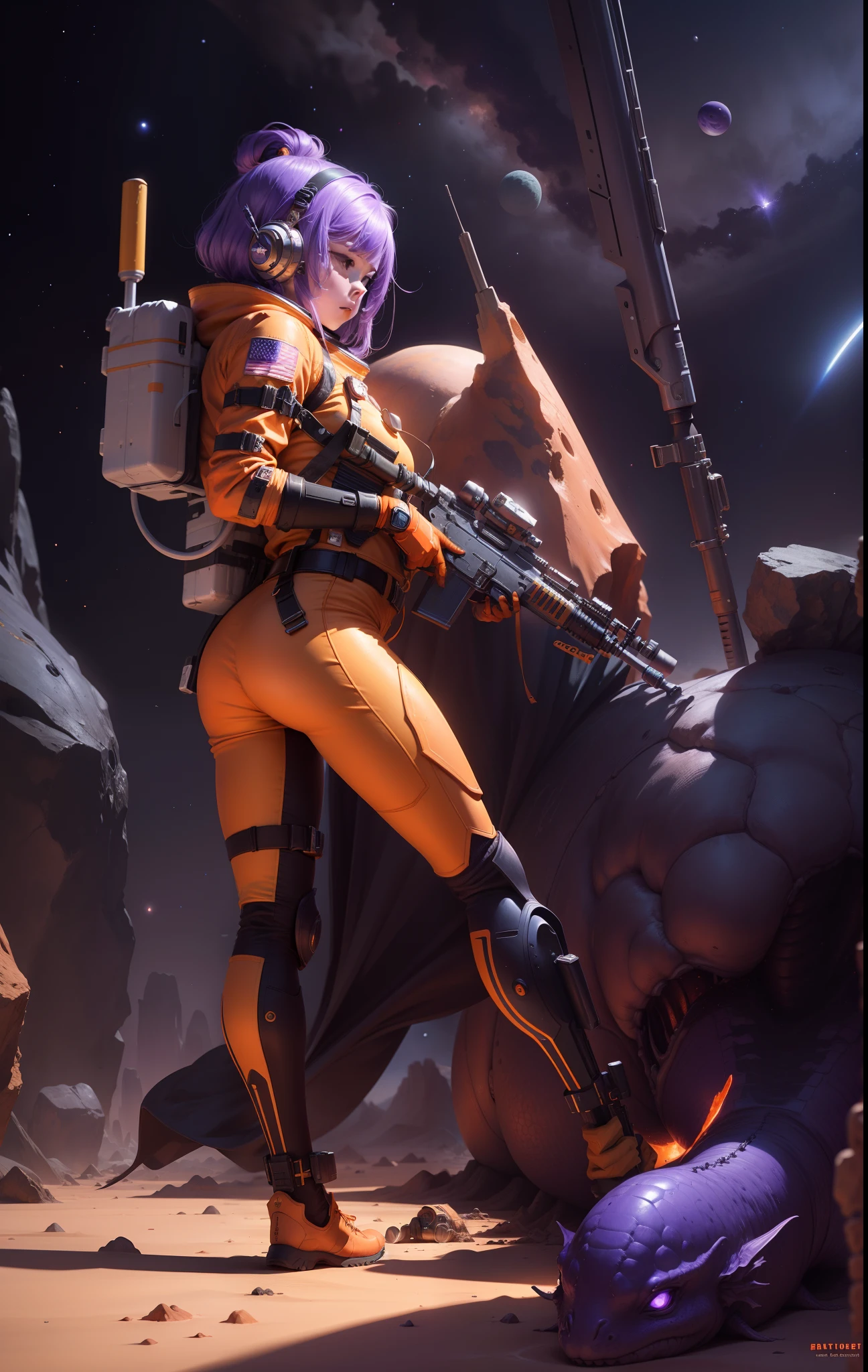 space girl in orange space suit, reloading rifle after killing a space dragon, violet space dragon lay dead beneath foot, on a near lifeless alien desert planet.
