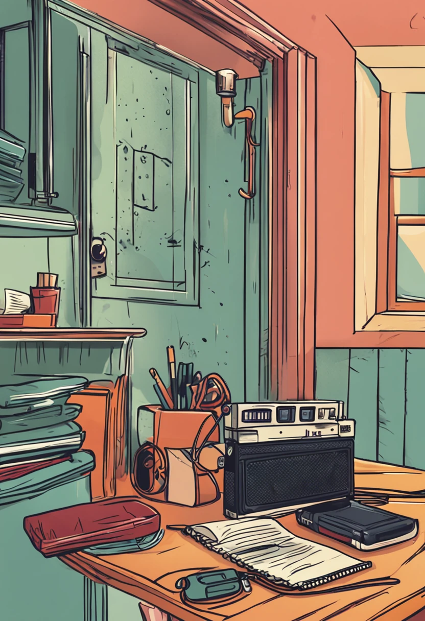 On a table is a notebook、Two phones、a tablet、filmcamera、shaver，of a real，Realistic