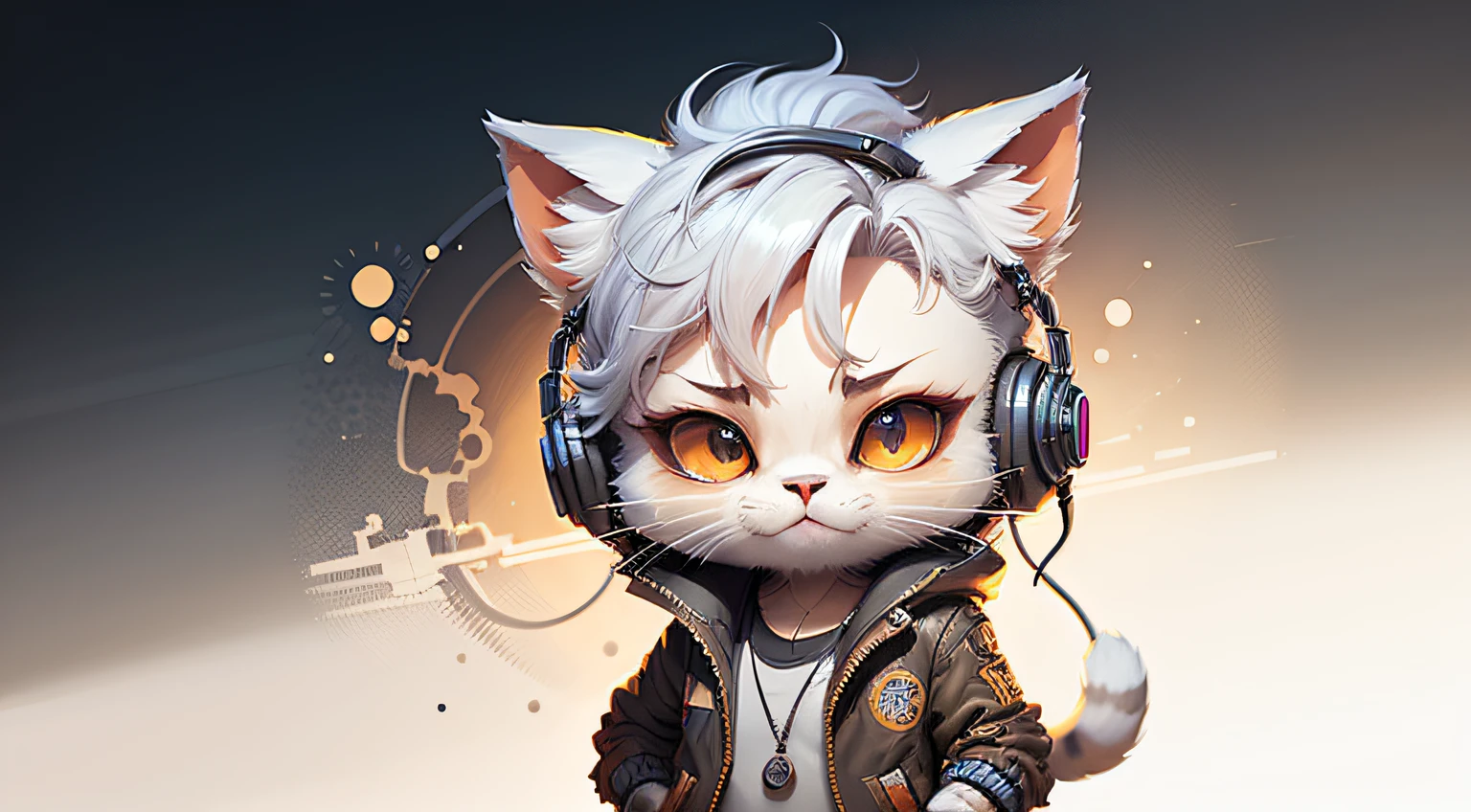 Perfect centering, a cute little cat, Wear a student jacket, Wearing sunglasses, Wearing headphones, Standing position, Abstract beauty, Centered, Looking at the camera, Facing the camera, nearing perfection, Dynamic, Moonlight, Highly detailed, Digital painting, art stations, concept-art, smooth, Sharp focus, 8K, high definition resolution, illustration, Art by Carne Griffiths and Wadim Kashin, Solid black base