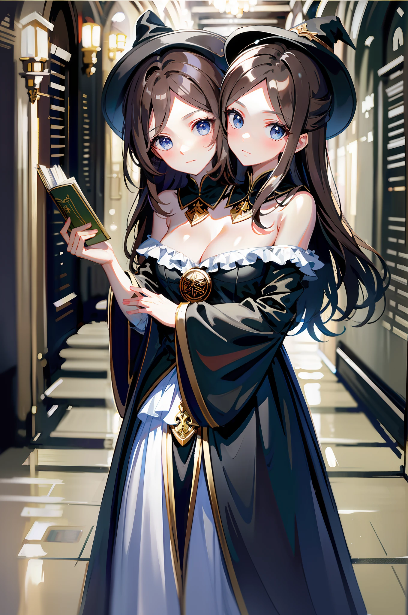 (masterpiece, best quality), best resolution, (2heads:1.5), 1girl, brown hair, shoulder length hair, blue eyes, two black witch hats, black wizard robe, holding a book under left arm, wizard academy hallway
