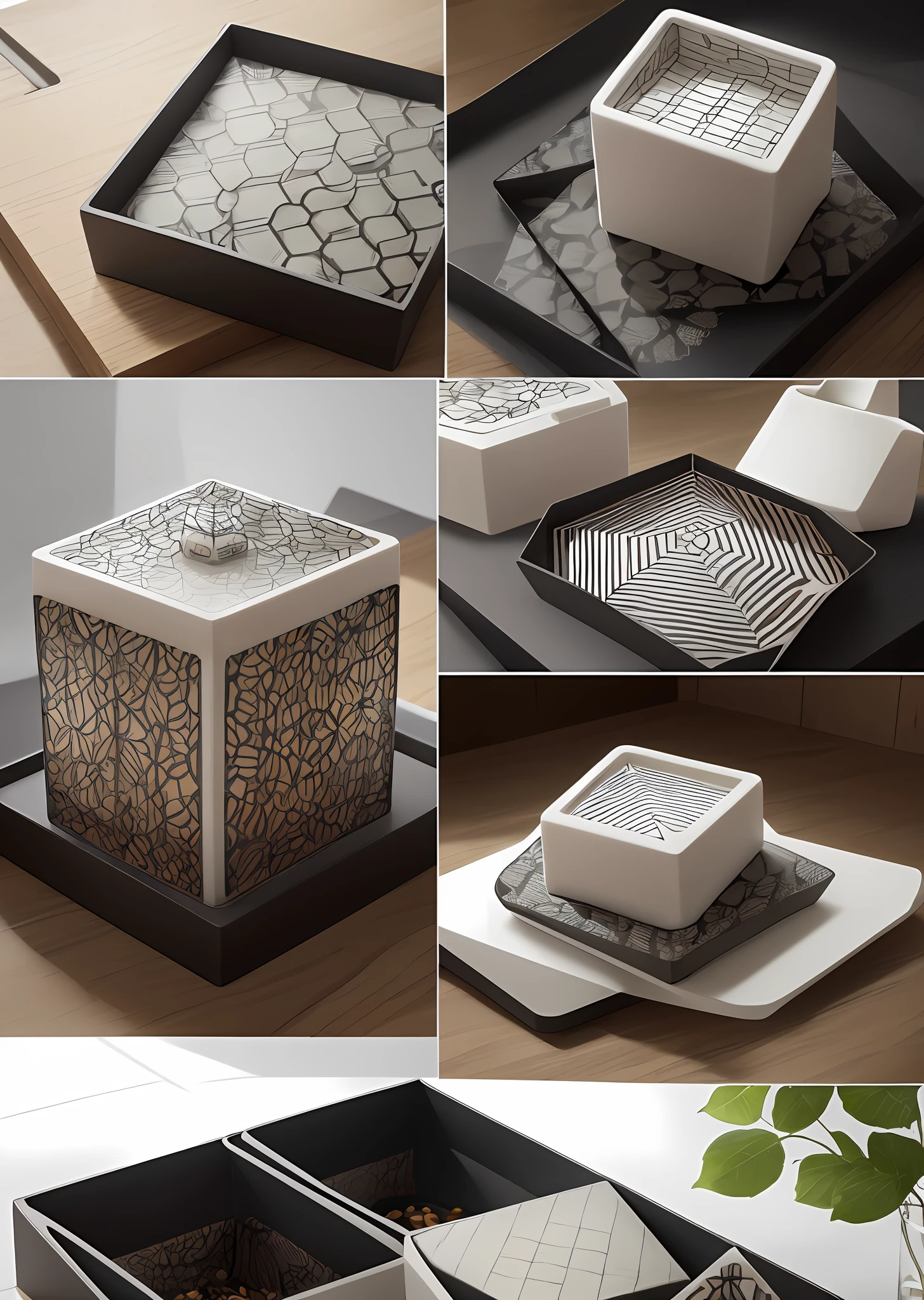 Irregular geometry with hexagonal prisms,Increase the sense of design of the package,High-end style。
The extraction structure is set internally,Taking tea is both beautiful and convenient。The surface design is dominated by natural leaf patterns,
The pattern has smooth lines,The color tone is mainly black and white plain,Simple and elegant。
