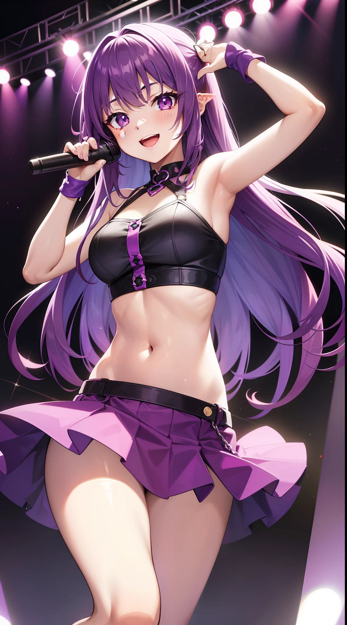young girl, long bright purple hair, Cyan eyes, ssmile, opened mouth, pop-idol, Red Top, purple skirt, open belly, stage, Masterpiece, hiquality