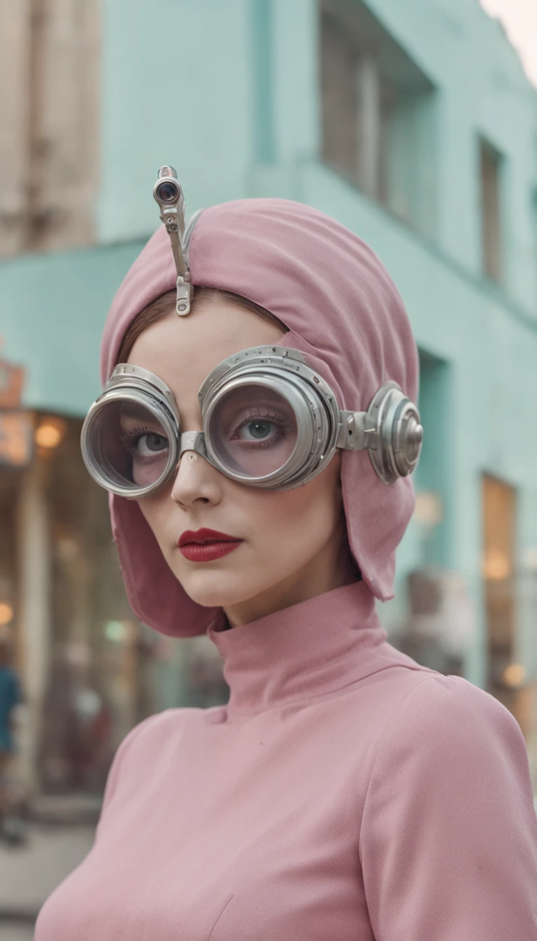 8k portrait of a 1960s science fiction film by Wes Anderson, Vogue anos 1960, pastels colors, There are people wearing weird futuristic masks and wearing extravagant retro fashion outfits and men and women wearing alien makeup and old ornaments with mechanical pets in town, Luz Natural, Psicodelia, futurista estranho, fotorrealista, hiper detalhado, foco nítido, Intrinsic, Fuji filmes 55mm,