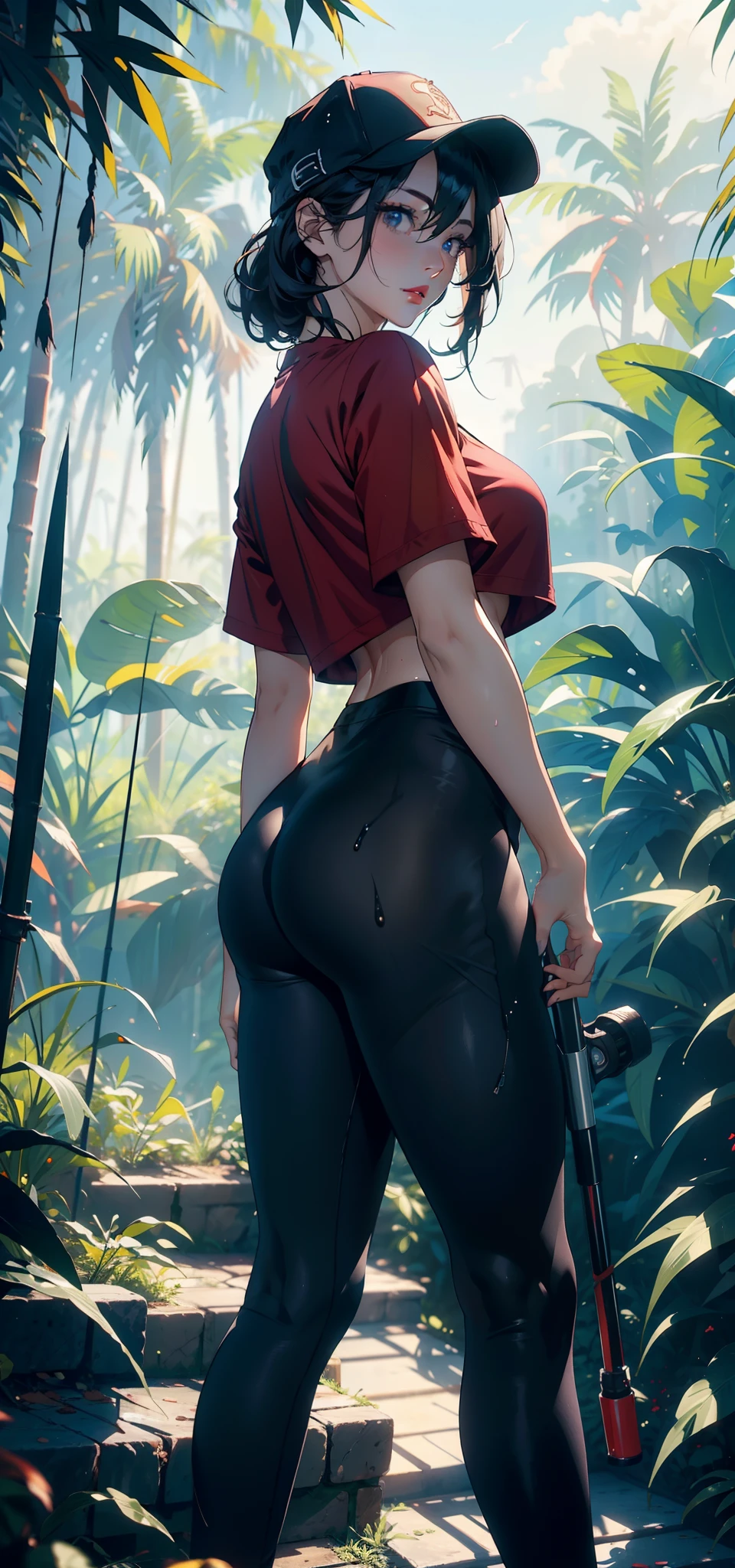 1female，36 years old，熟妇，mature，Bigchest，Big breasts Thin waist，long leges，Raised sexy，Pornographic exposure， 独奏，（Background with：bamboo forrest，clubs） She has very short black hair，standing on your feet，Sweat profusely，drenched all over the body，seen from the front， hair straight， mostly cloudy sky，（（（tmasterpiece），（Very detailed CG unity 8K wallpaper），best qualtiy，cinmatic lighting，detailed back ground，beatiful detailed eyes，Bright pupils，（Very fine and beautiful），（Beautiful and detailed eye description），Black eyes，Redlip，ultra - detailed，tmasterpiece，）），facing at camera，（The upper part of the body），A high resolution，ultra - detailed），revealing breasts，Bare genitalia，  Bulge，legs are open，sexyposture，Camel toes，Flushed complexion，Open-mouthed，frontage，（Wearing：baseball cap，Red baseball shirt，black colored leggings，athletic sneakers），Full body photo，Show shoes