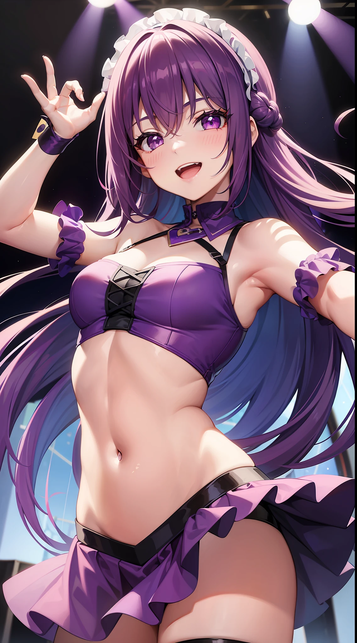 young girl, long bright purple hair, Cyan eyes, ssmile, opened mouth, pop-idol, Red Top, purple skirt, open belly, stage, Masterpiece, hiquality
