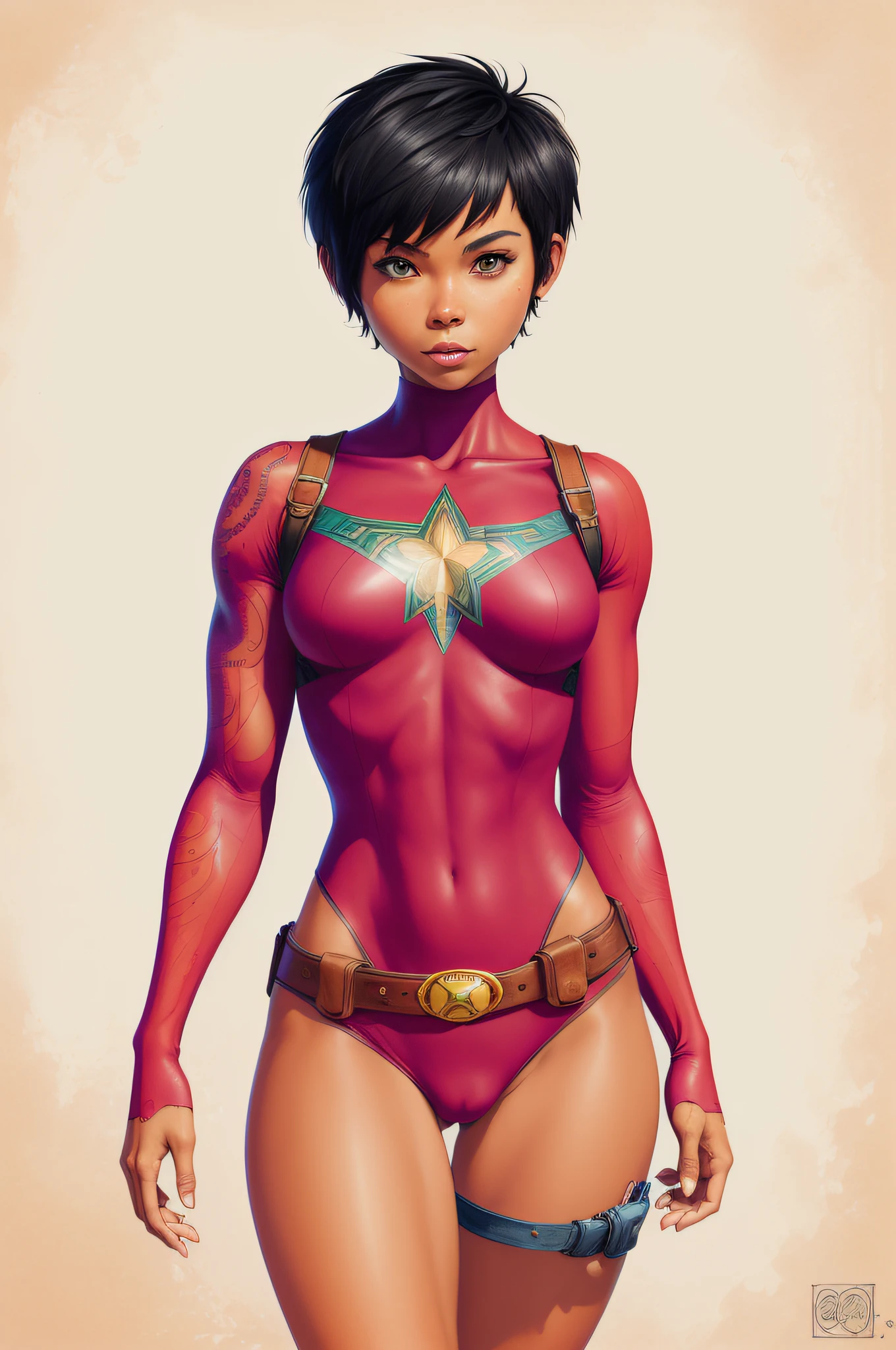 (inked original-art:1.2), (lineart:1.33), detailed face, best quality, masterwork, thick outlines, comic, 1girl, superhero, very short hair, black hair, tan skin, cowboy shot, fog, city, pink bodysuit, tomboy, pixie cut, solo, petite, small breasts, superhero,