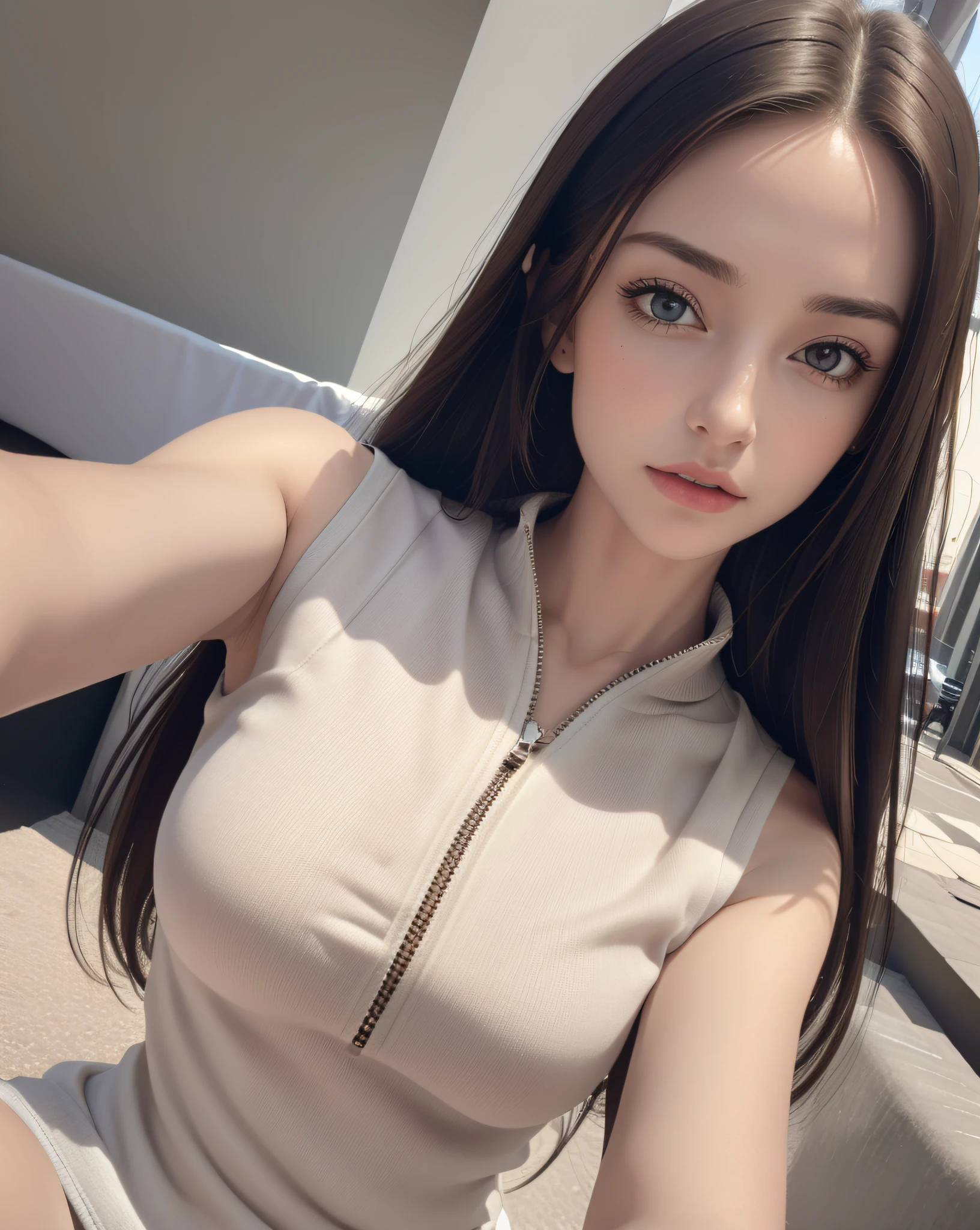 (Masterpiece, best quality, photorealistic, highres, photography, :1.3), very close-up shot, sharp focus, 1 brunette girl, European girl, hot model, highly detailed eyes and pupils, realistic skin, slim body shape, cleavage, extremely detailed hair, delicate sexy face, sensual gaze, shiny lips, ((wearing zip tank tops sweatshirt)), outdoor, ((realistic, super realistic, realism, realistic detail))