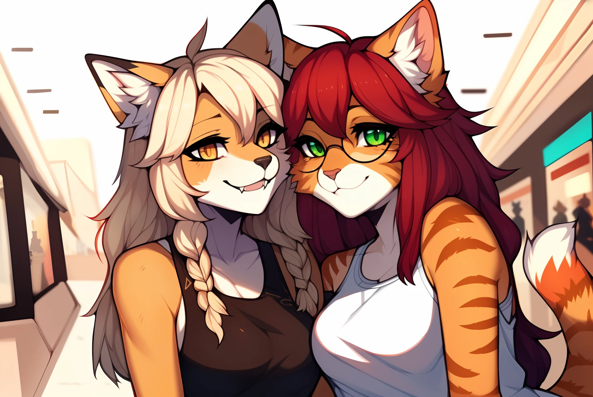 uploaded the e621, beautiful and detailed, woman (((female))) ((anthro)) Fox, (Averi, Fox girl), cinematic lighting, Fox, (anthro, fluffy fur), 1girl, anthro fox girl, body fur, curvy, sexy, nice, cute, hot, comfortable anime-style cartoon-style, digital drawing, NSFW, pussy, tits, nervous smiling, sassy, sassy hips, smug, fangs, simple background, speech bubble, green eyes, face sitting, dominant female, side view, looking at viewer, 2 girls