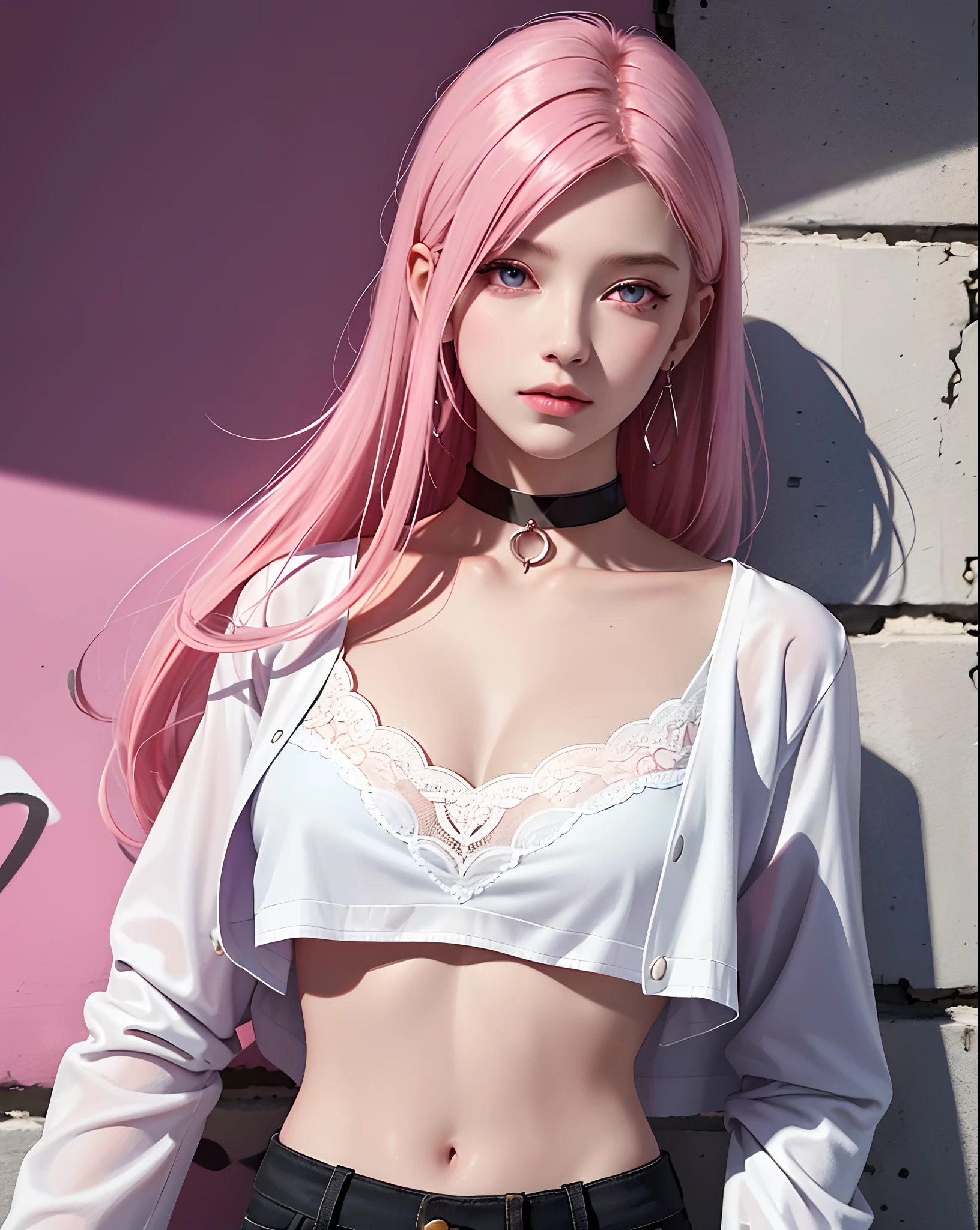 masterpiece, best quality, 1girl, solo, intricate details, chromatic aberration), realistic, ((medium breath)), long hair, pink hair, red head ornament, pink highlights, hair over one eye purple eyes, earrings, sharp eyes, choker, neon shirt, open jacket, crop top, (symmetry eyes), (perfect symmetrical body), against wall, brick wall, graffiti, dim lighting, alley, look at viewer, NFSW, medium, little nipples